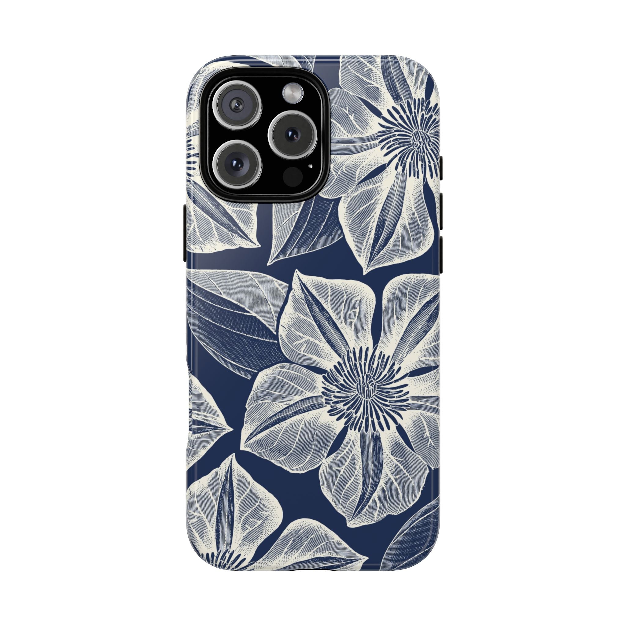 Vintage Bloom Navy iPhone 16 Pro Max case – Glossy | navy ground, large-scale cream clematis print, engraved petal detail, dual-layer protection