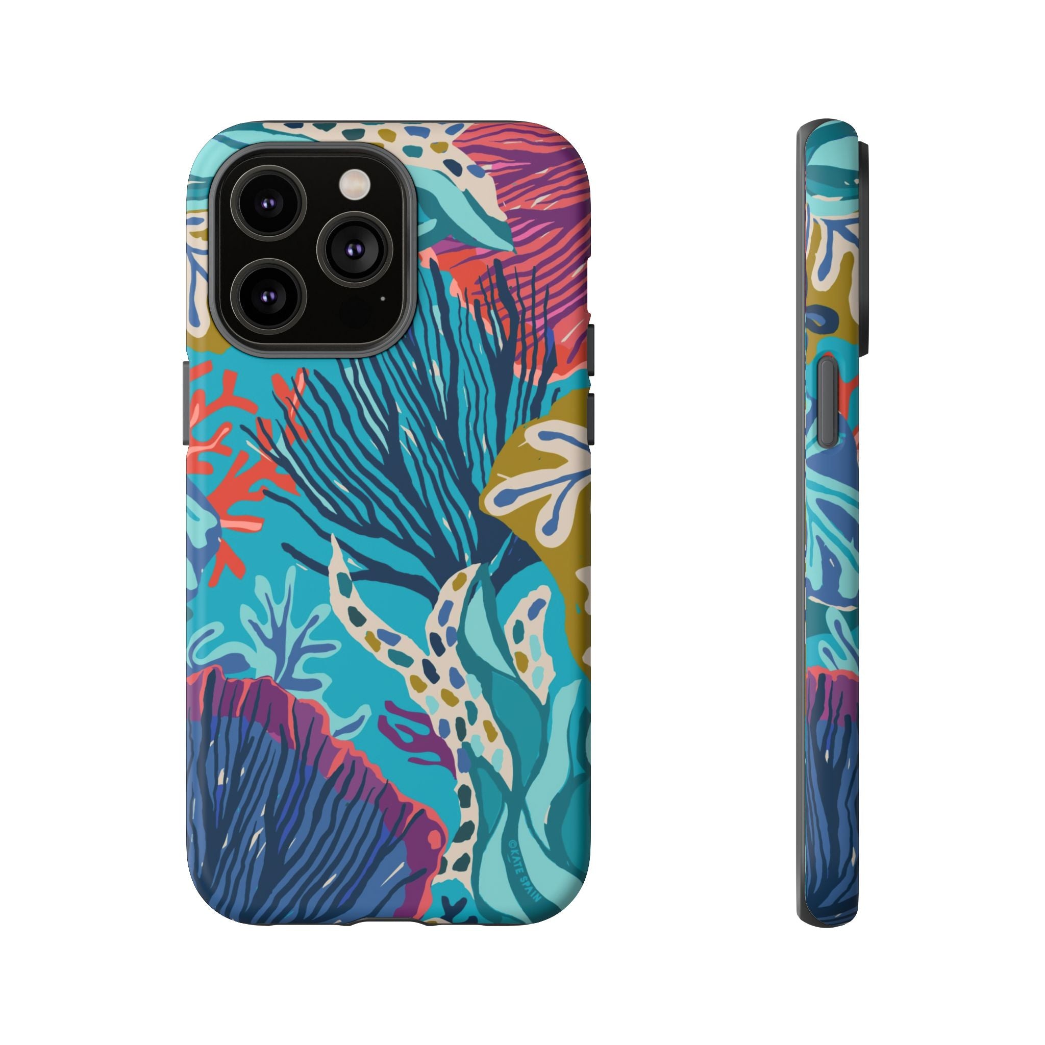 Reef Tough iPhone 14 Pro Max Case – Matte | teal, coral, navy, purple botanical coral reef print