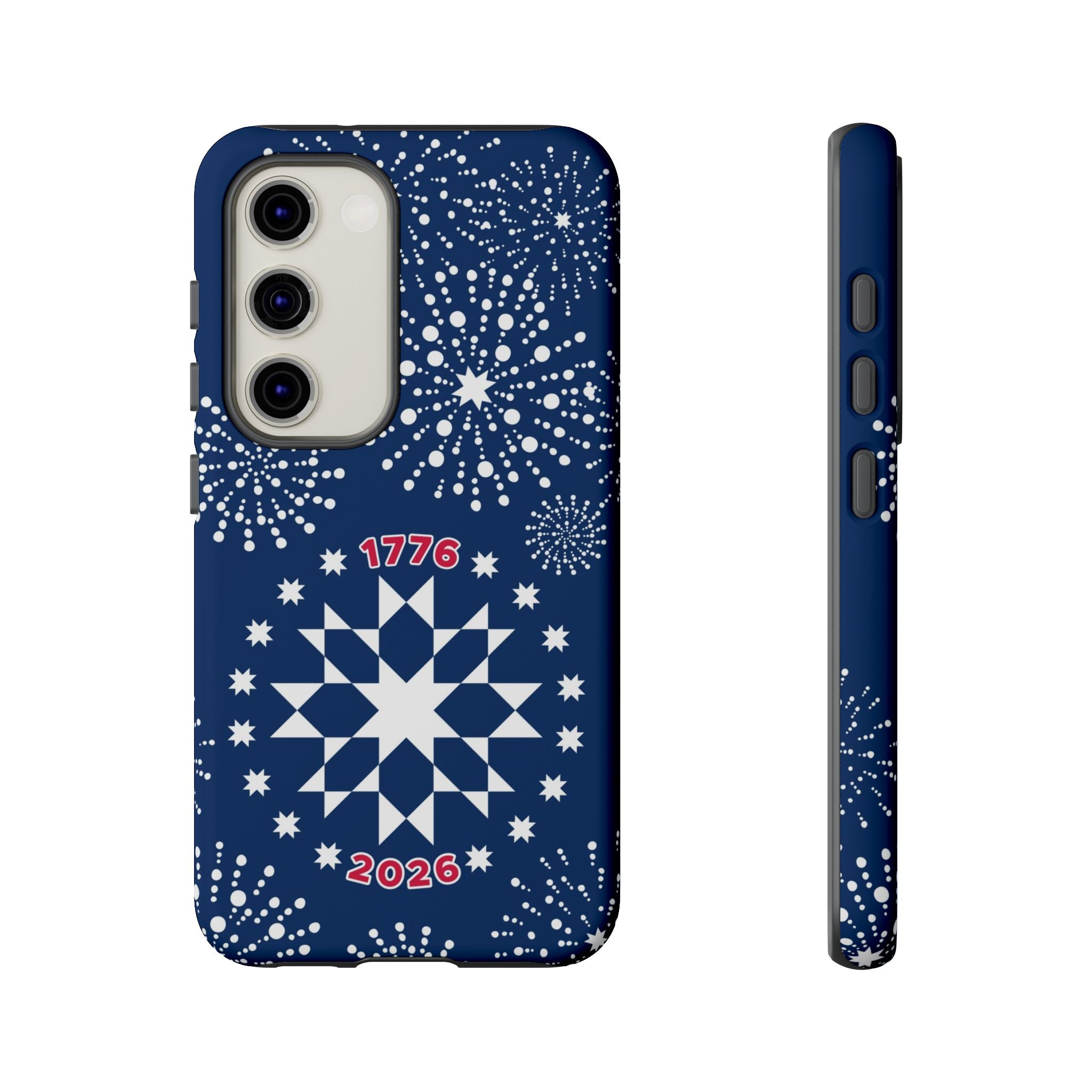 250th Fireworks Samsung Galaxy S23 Case – Matte | navy, white patriotic star quilt fireworks print