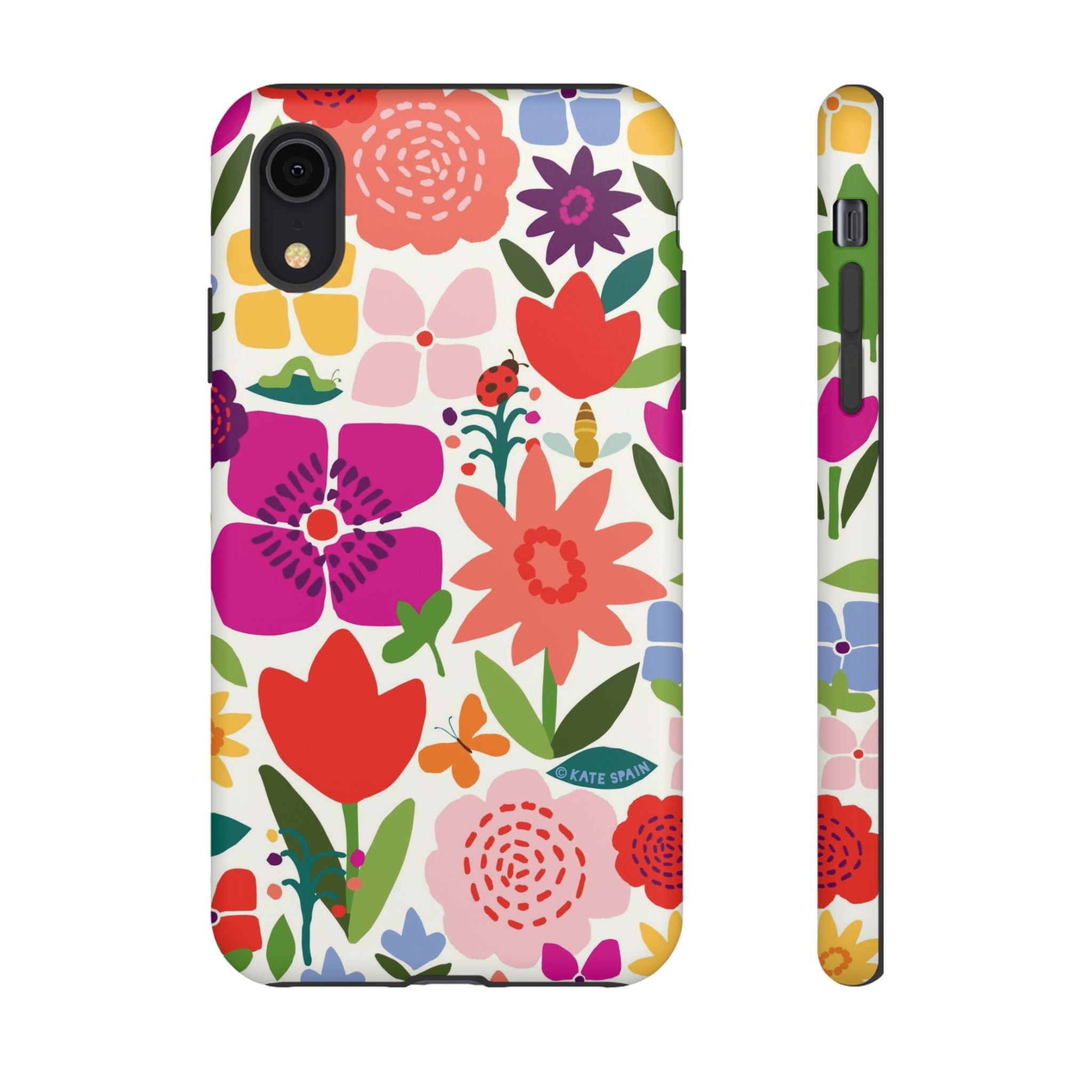 Happy Blooms Tough iPhone XR Case – Matte | cream, red, magenta, coral botanical floral print