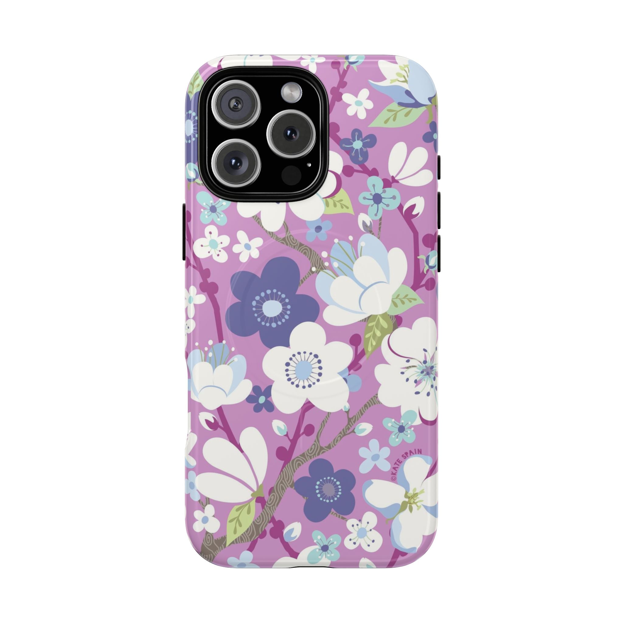 Purple Cherry Blossom MagSafe iPhone 16 Pro Max Case – Glossy | mauve, purple, blue, white cherry blossom print