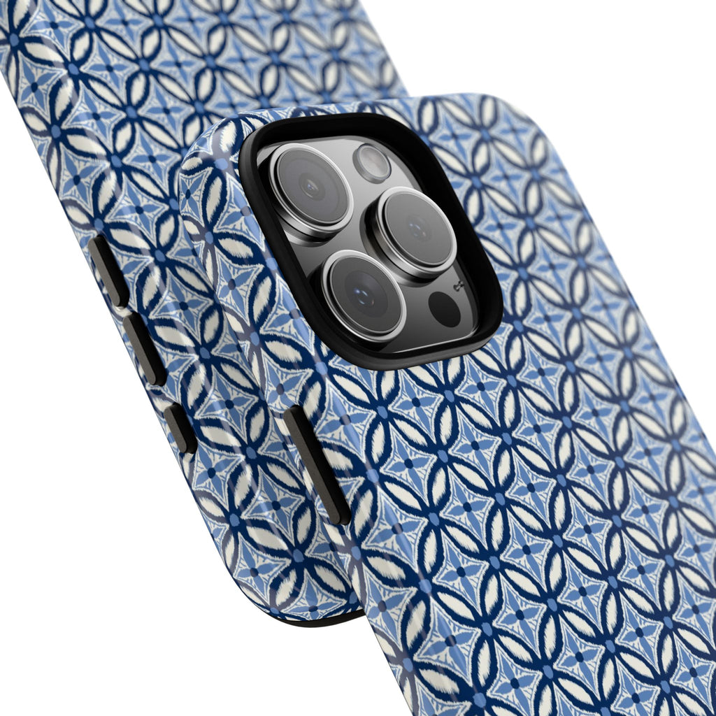 Blue Navy Ikat iPhone Case with geometric textile pattern — iPhone 17, Glossy — angled close-up of camera and buttons — botanical phone case by Kate Spain for Floriori