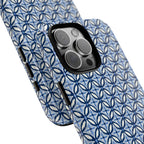 Blue Navy Ikat iPhone Case with geometric textile pattern — iPhone 17, Glossy — angled close-up of camera and buttons — botanical phone case by Kate Spain for Floriori