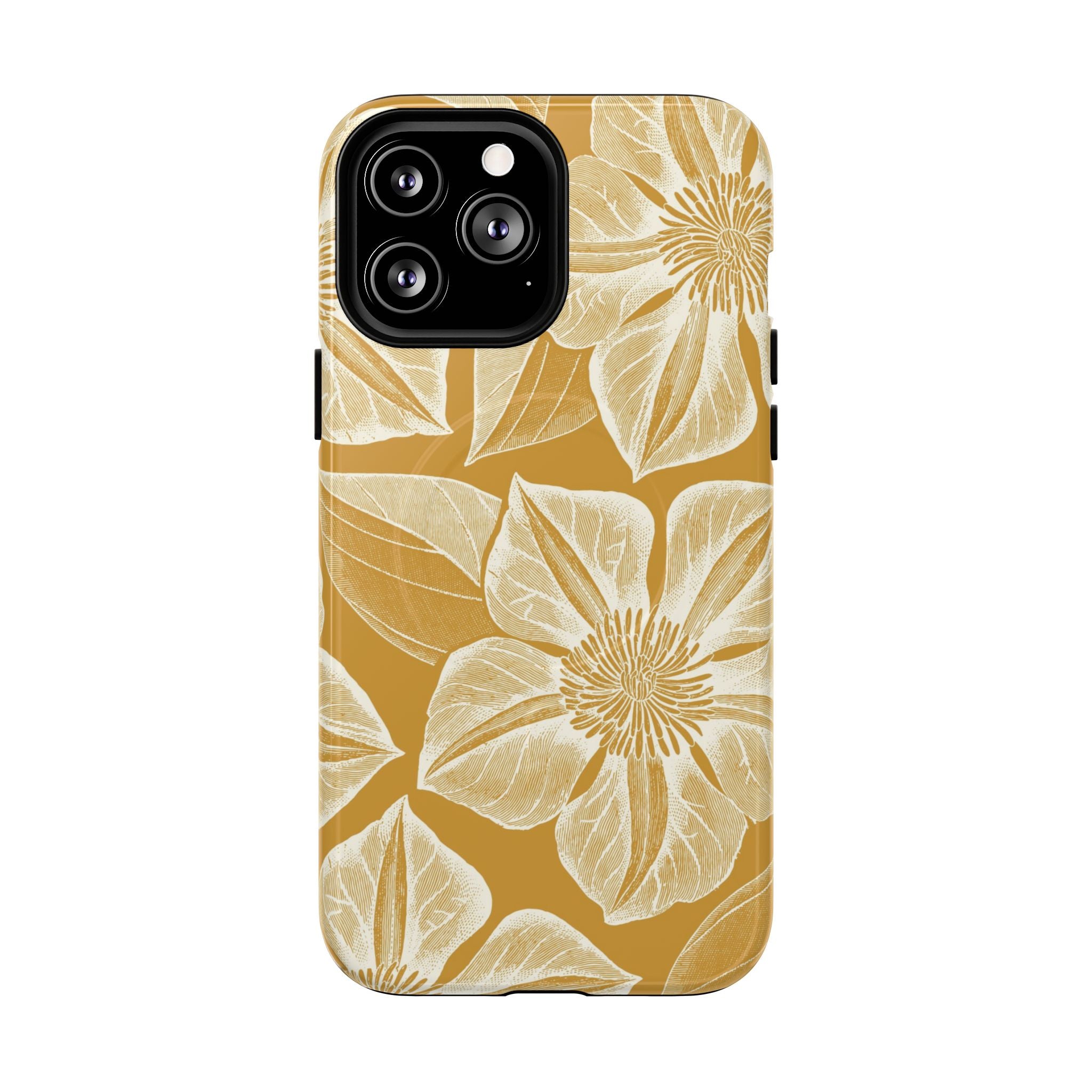 Vintage Bloom Gold MagSafe iPhone 13 Pro Max Case – Glossy | warm gold ground, large-scale cream clematis print, engraved petal detail, dual-layer protection