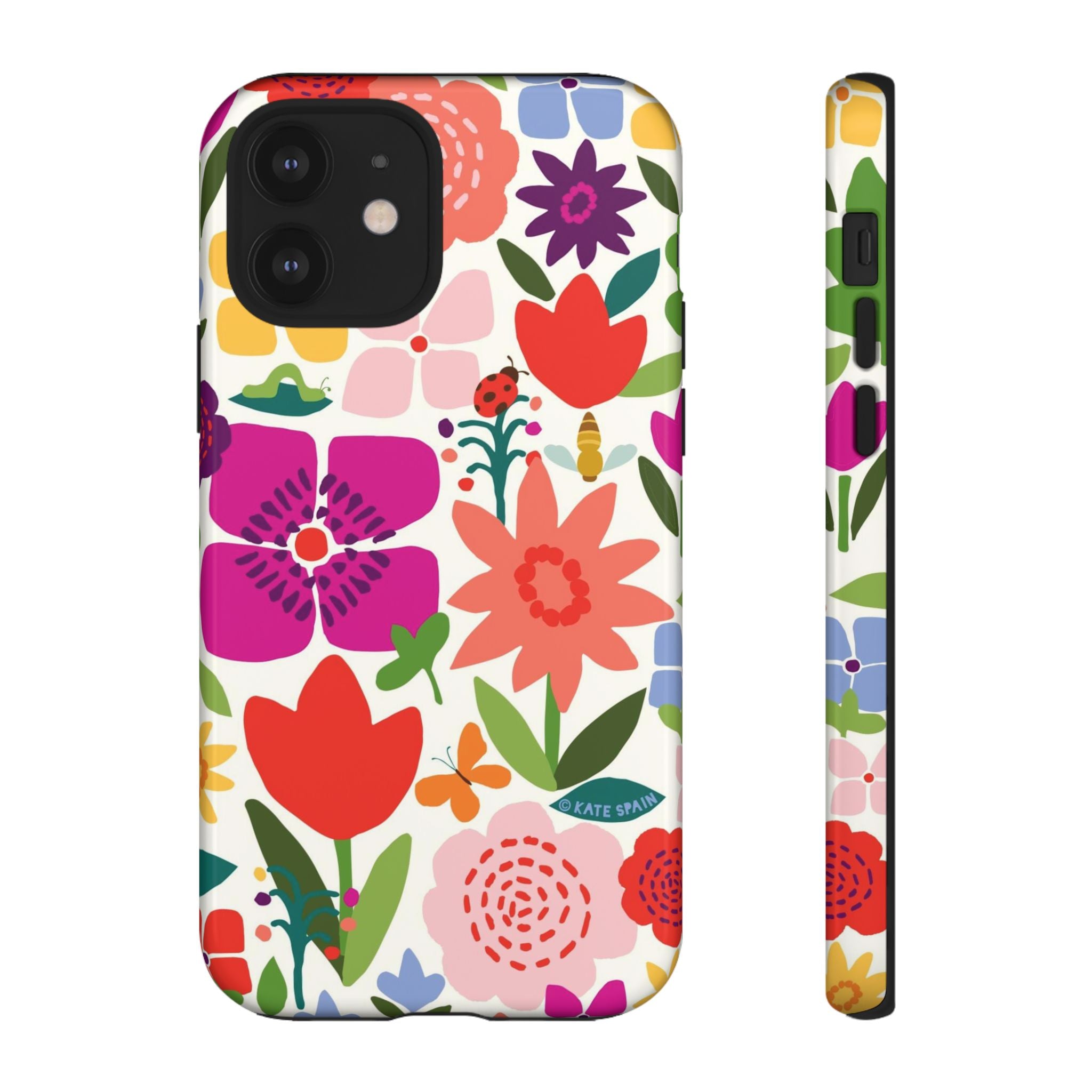 Happy Blooms Tough iPhone 12 Case – Glossy | cream, red, magenta, coral botanical floral print