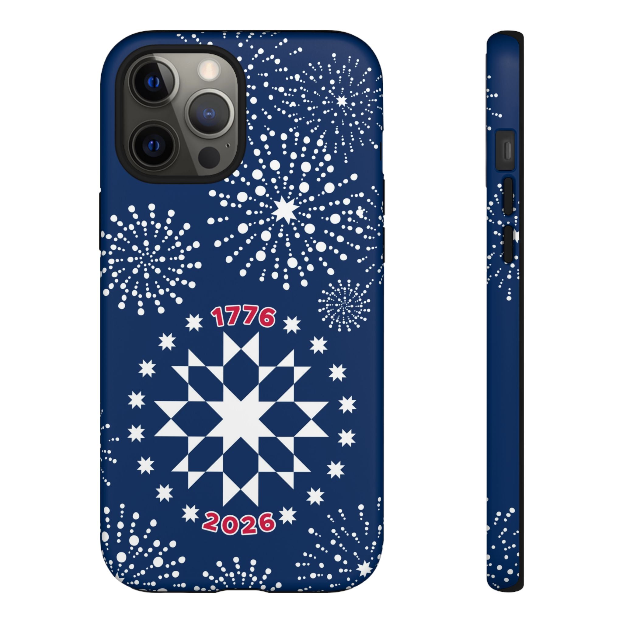 250th Fireworks Tough iPhone 12 Pro Max Case – Matte | navy, white patriotic star quilt fireworks print