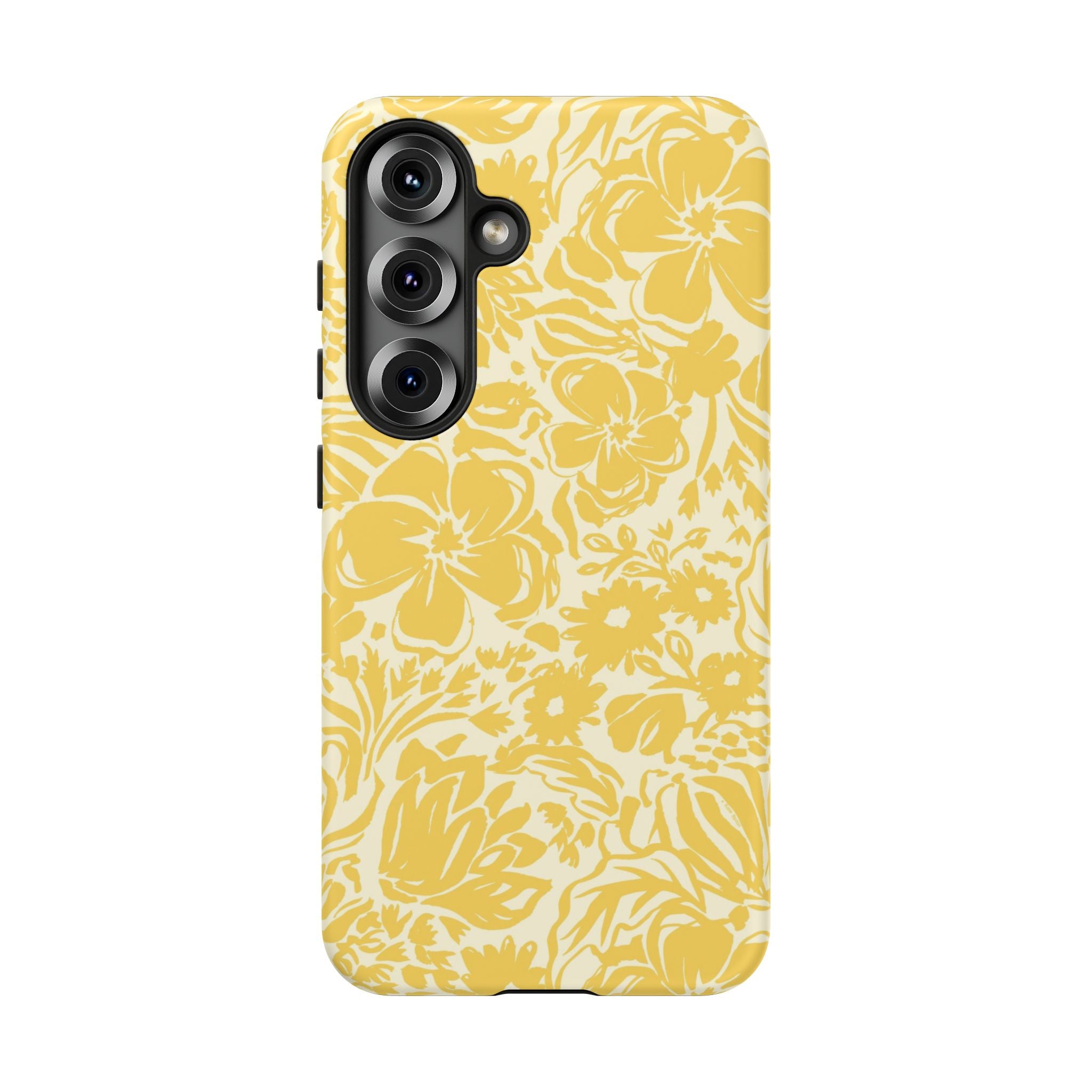 Rhapsody Yellow Samsung Galaxy S25 Glossy case — bold golden yellow floral print on cream by Kate Spain