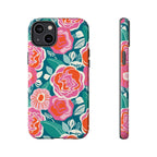 Tea Rose Teal Tough iPhone 14 Plus Case – Glossy | teal, coral, pink botanical rose floral print