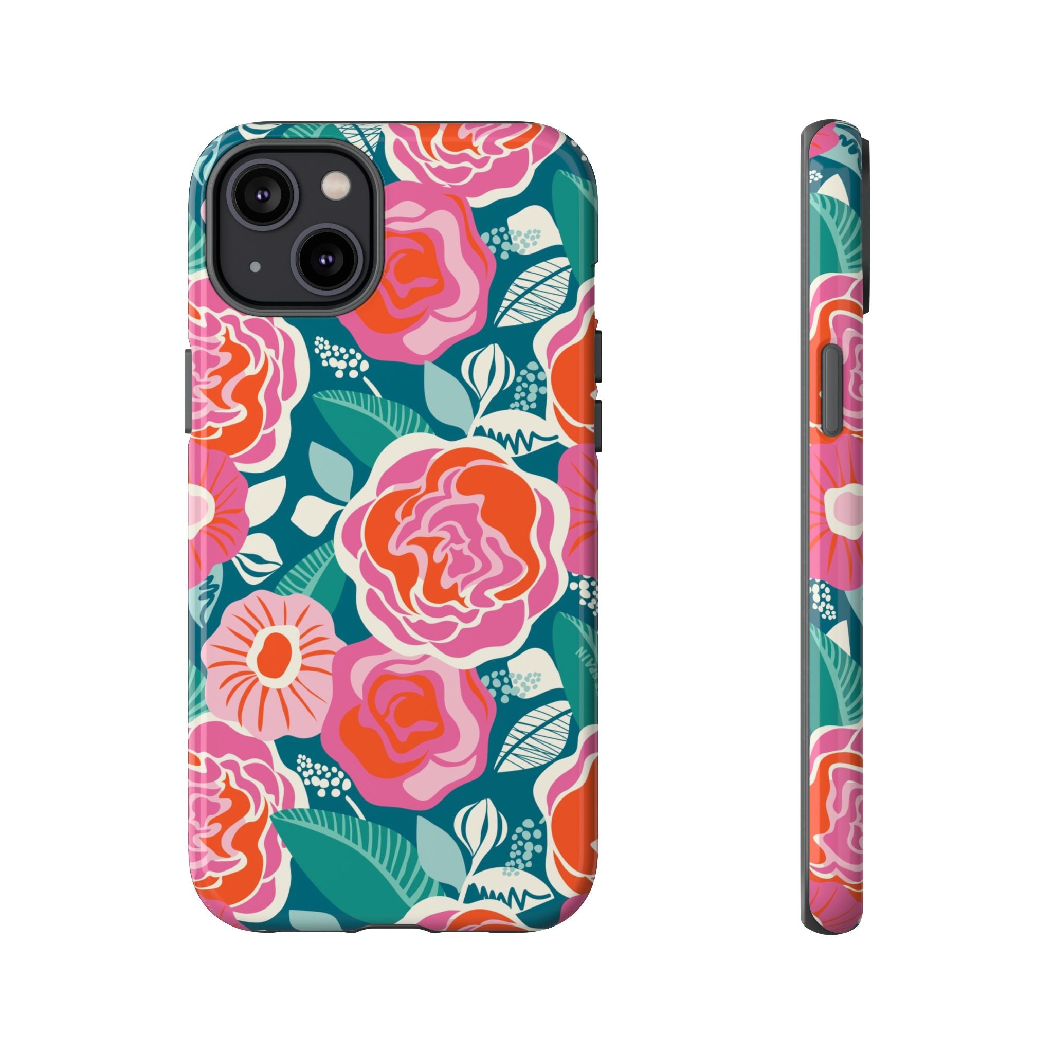 Tea Rose Teal Tough iPhone 14 Plus Case – Glossy | teal, coral, pink botanical rose floral print