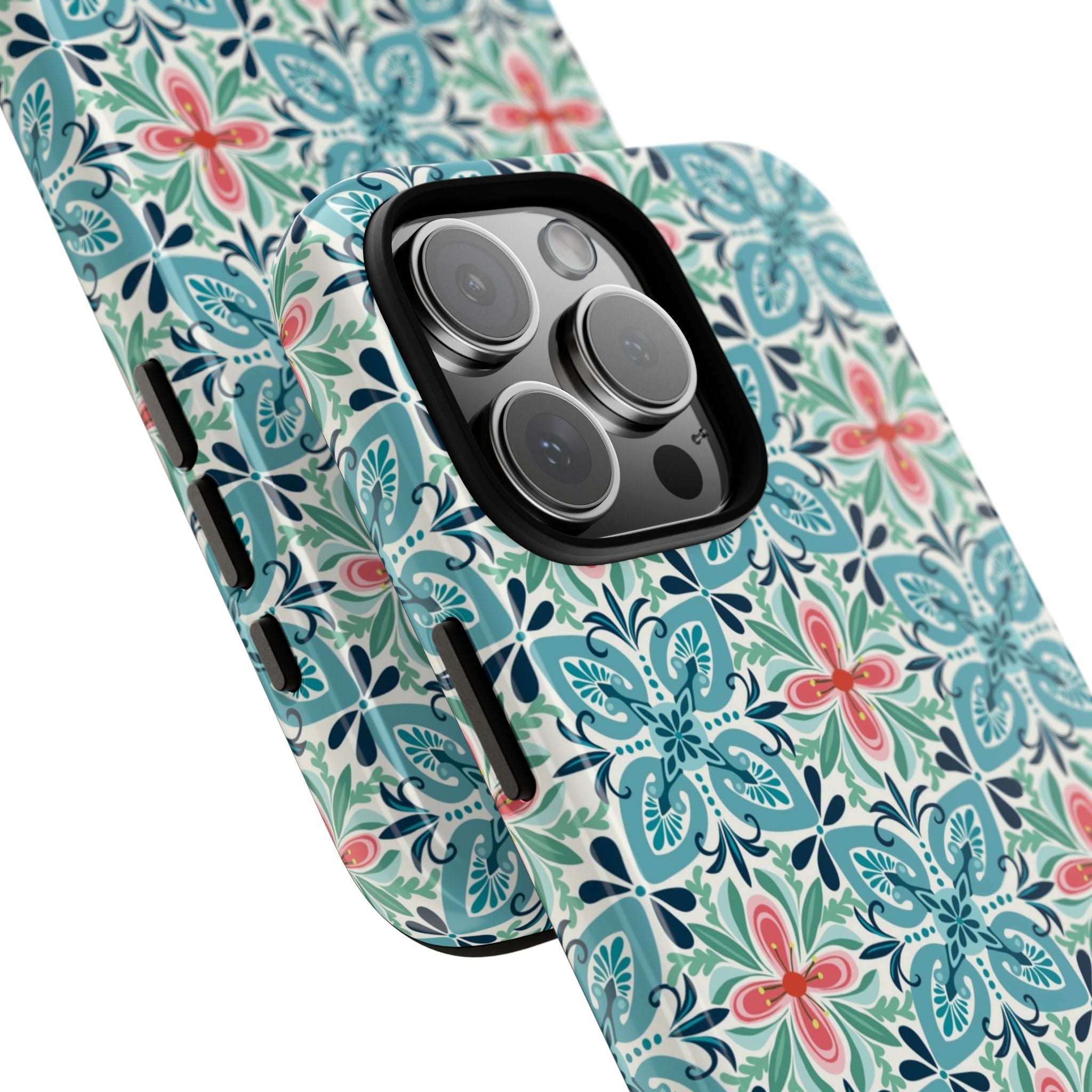 Stonecrop Tough iPhone 16 Pro Max Case – lifestyle angled view | sage, cream, blush botanical succulent print