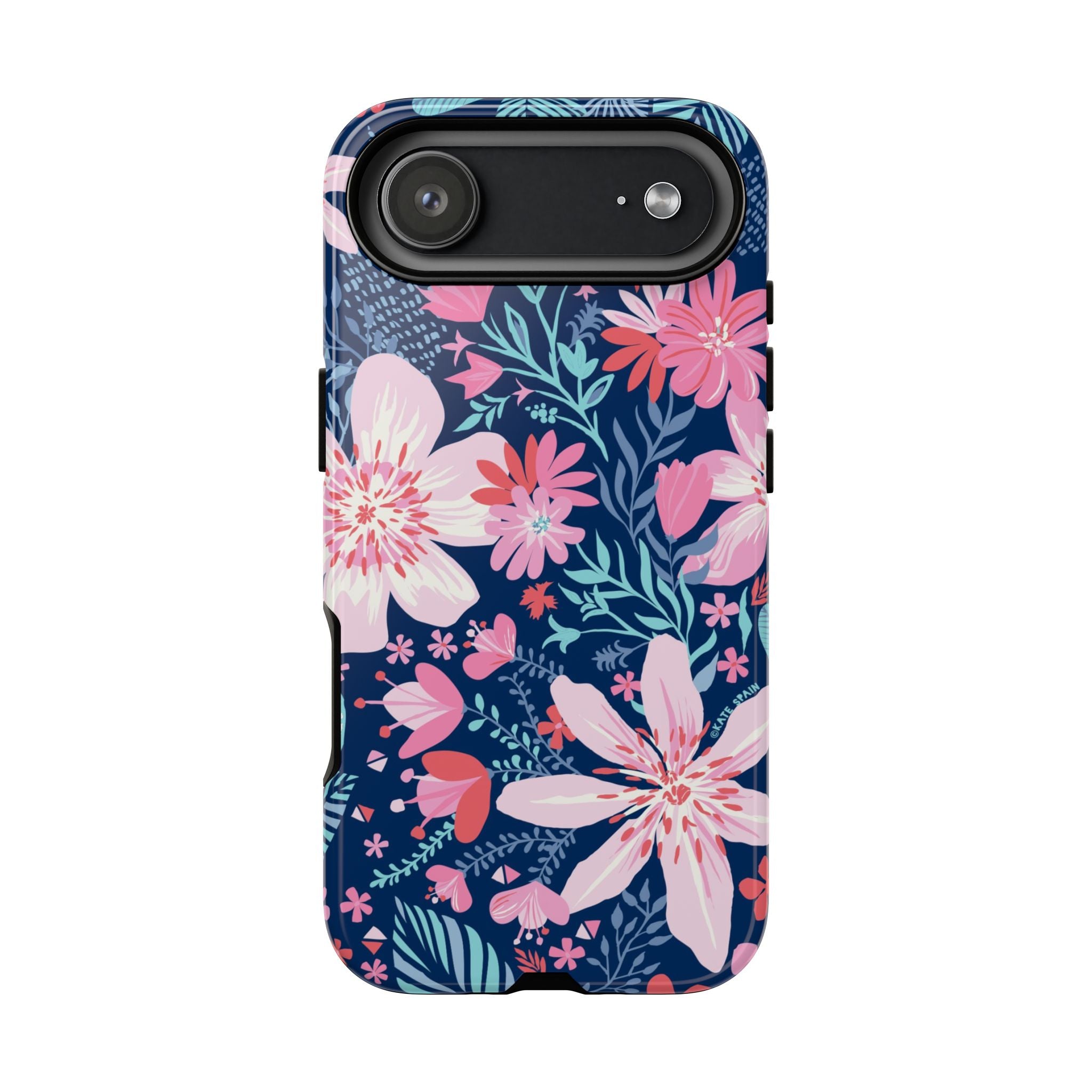 Bonaire Tough iPhone 17 Air Case – Glossy | navy, pink, white tropical floral botanical print