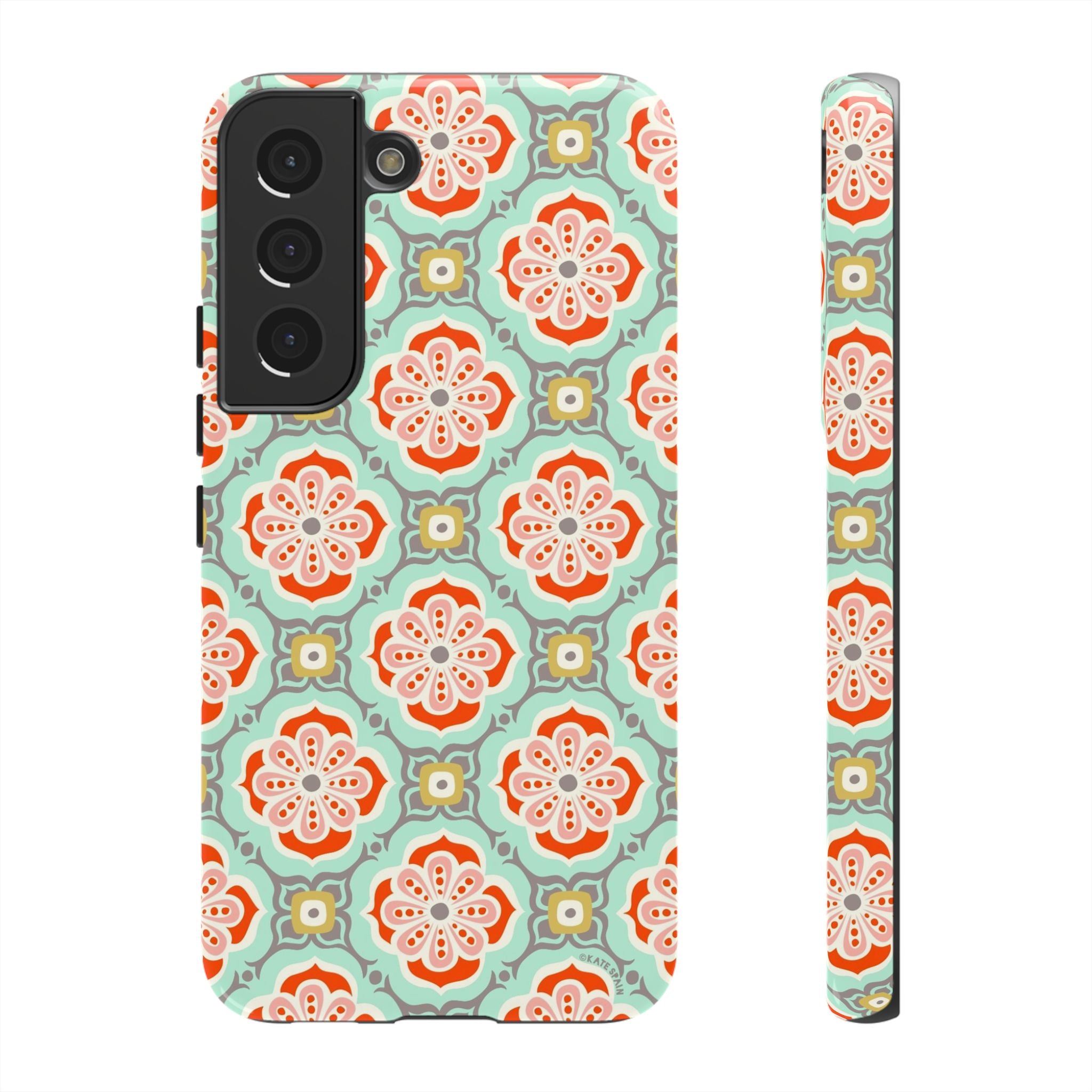 Luxury Alhambra Samsung Galaxy S22 Case – Glossy | light turquoise, coral, cream geometric medallion tile print