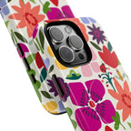 Happy Blooms MagSafe iPhone 16 Pro Max Case – Glossy | cream, red, magenta, coral botanical floral print | angled view closeup of camera cutout and buttons