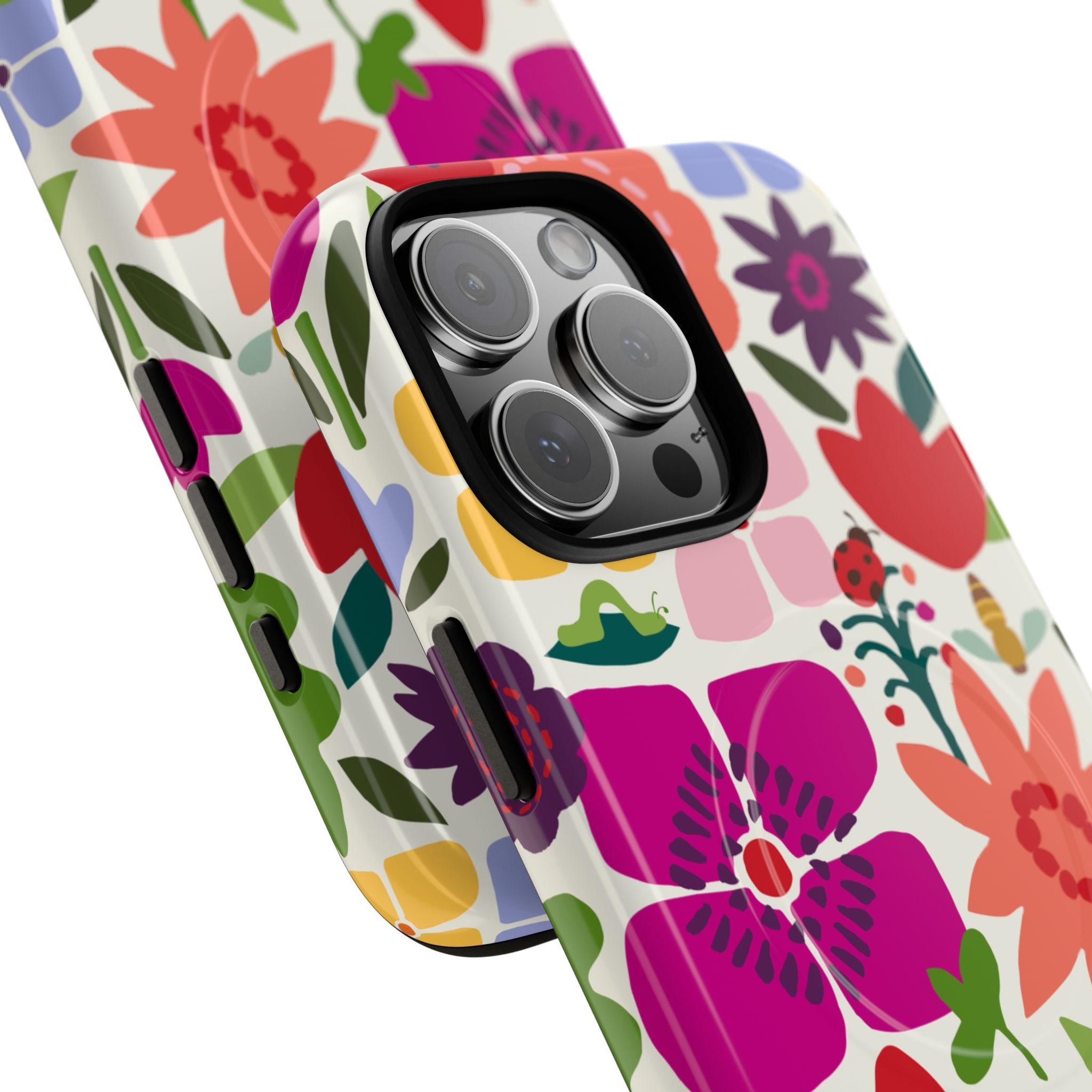 Happy Blooms MagSafe iPhone 16 Pro Max Case – Glossy | cream, red, magenta, coral botanical floral print | angled view closeup of camera cutout and buttons