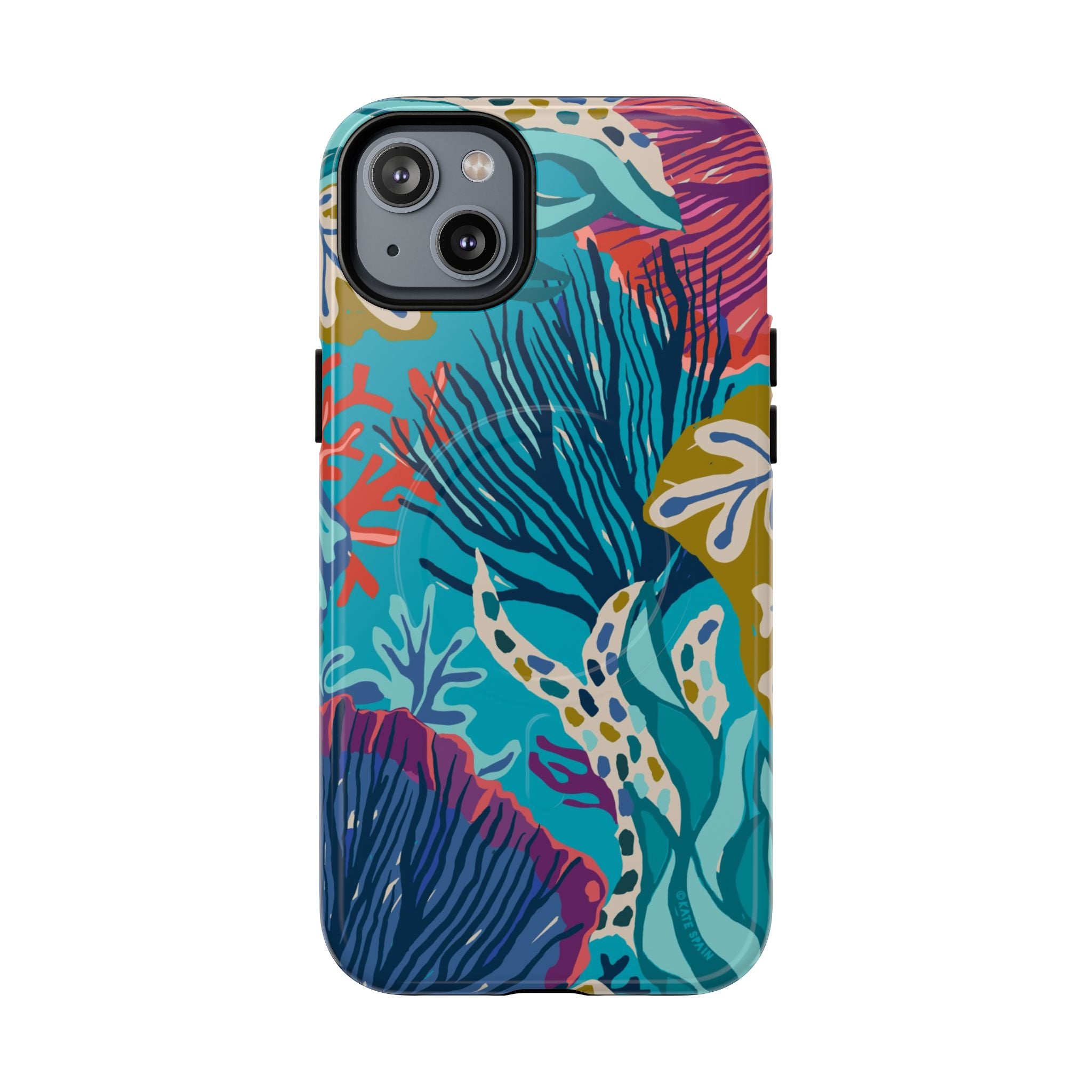 Reef MagSafe iPhone 14 Plus Case – Glossy | teal, coral, navy, purple botanical coral reef print