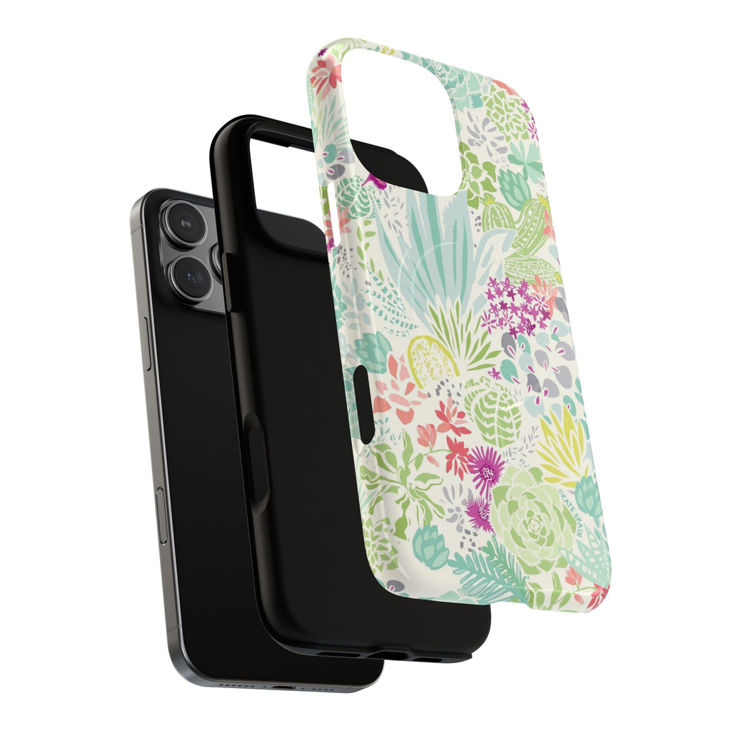 Canyon MagSafe iPhone 16 Pro Max Case – Dual-layered view of case and inner lining in front of phone, with view of camera cutout and buttons | cream, sage, aqua, mauve, fuschia botanical succulent print