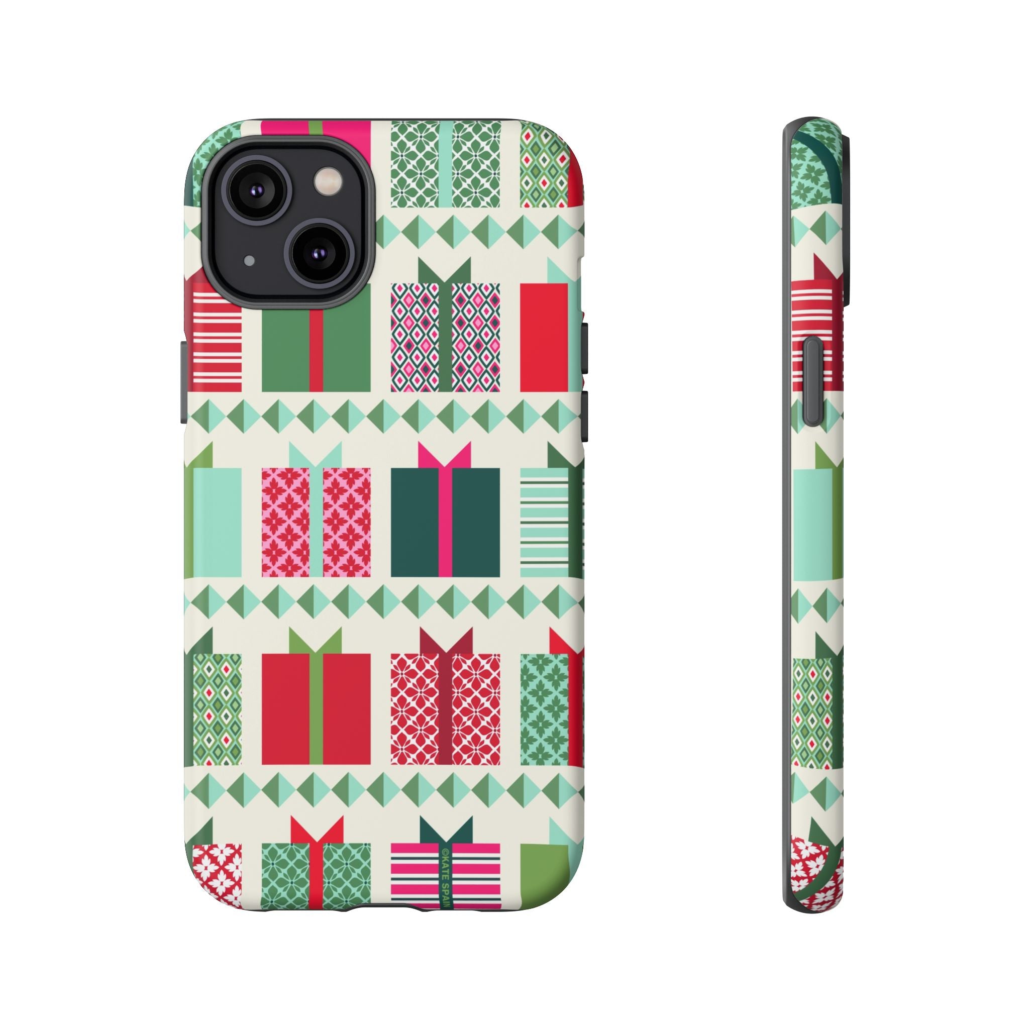 All Wrapped Up Tough iPhone 14 Plus Case – Matte | cream, red, pink, green, mint geometric gift wrap holiday print