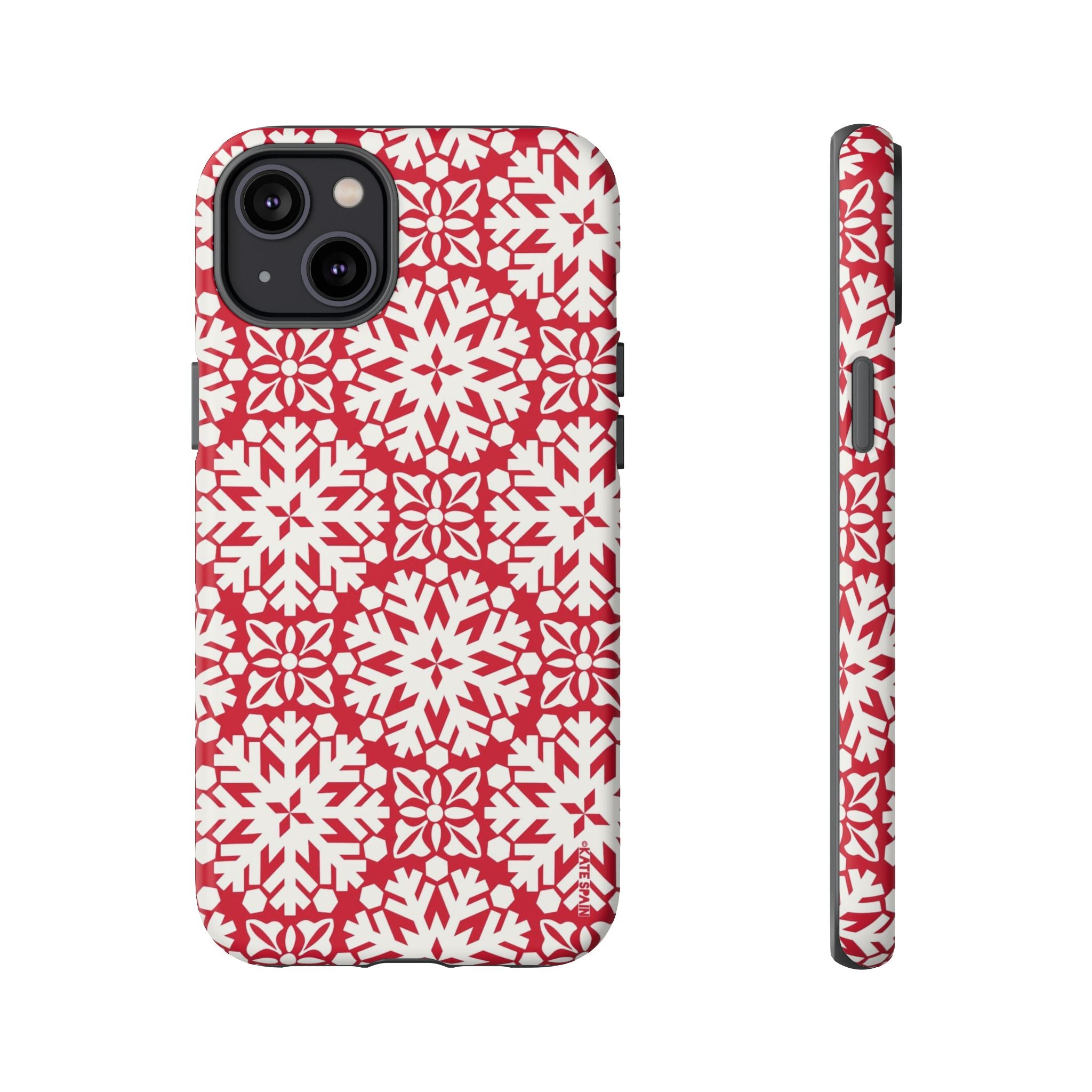 Flurry Tough iPhone 14 Plus Case – Matte | red, cream geometric snowflake medallion print