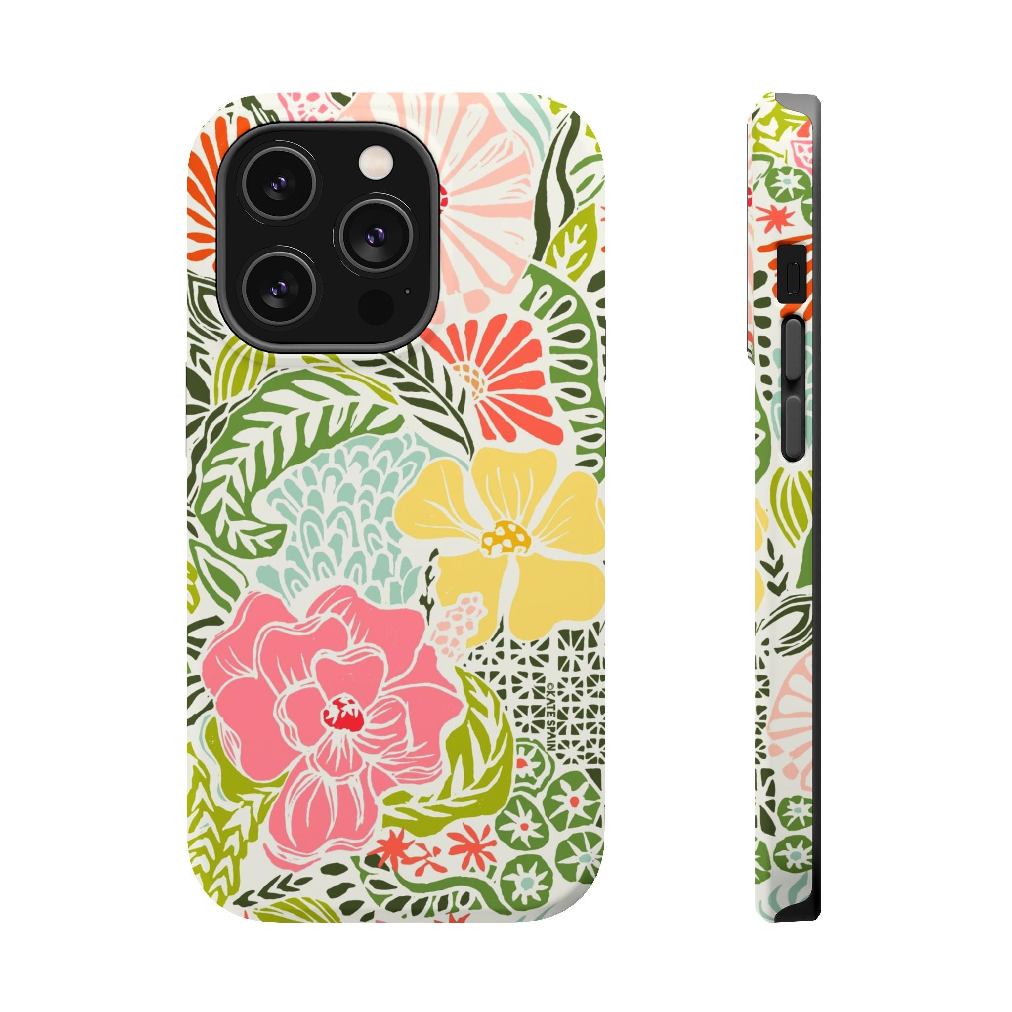 Tropica MagSafe iPhone 14 Pro Case – Matte | cream, pink, yellow, blue botanical floral print MagSafe compatible, dual-layer protection