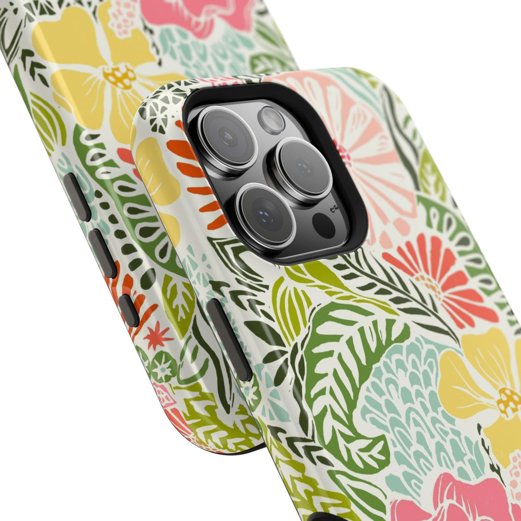 Tropica MagSafe iPhone 16 Pro Max Case – Glossy angled view closeup of camera cutout and buttons | cream, pink, yellow, blue botanical floral print MagSafe compatible, dual-layer protection