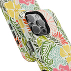Tropica MagSafe iPhone 16 Pro Max Case – Glossy angled view closeup of camera cutout and buttons | cream, pink, yellow, blue botanical floral print MagSafe compatible, dual-layer protection