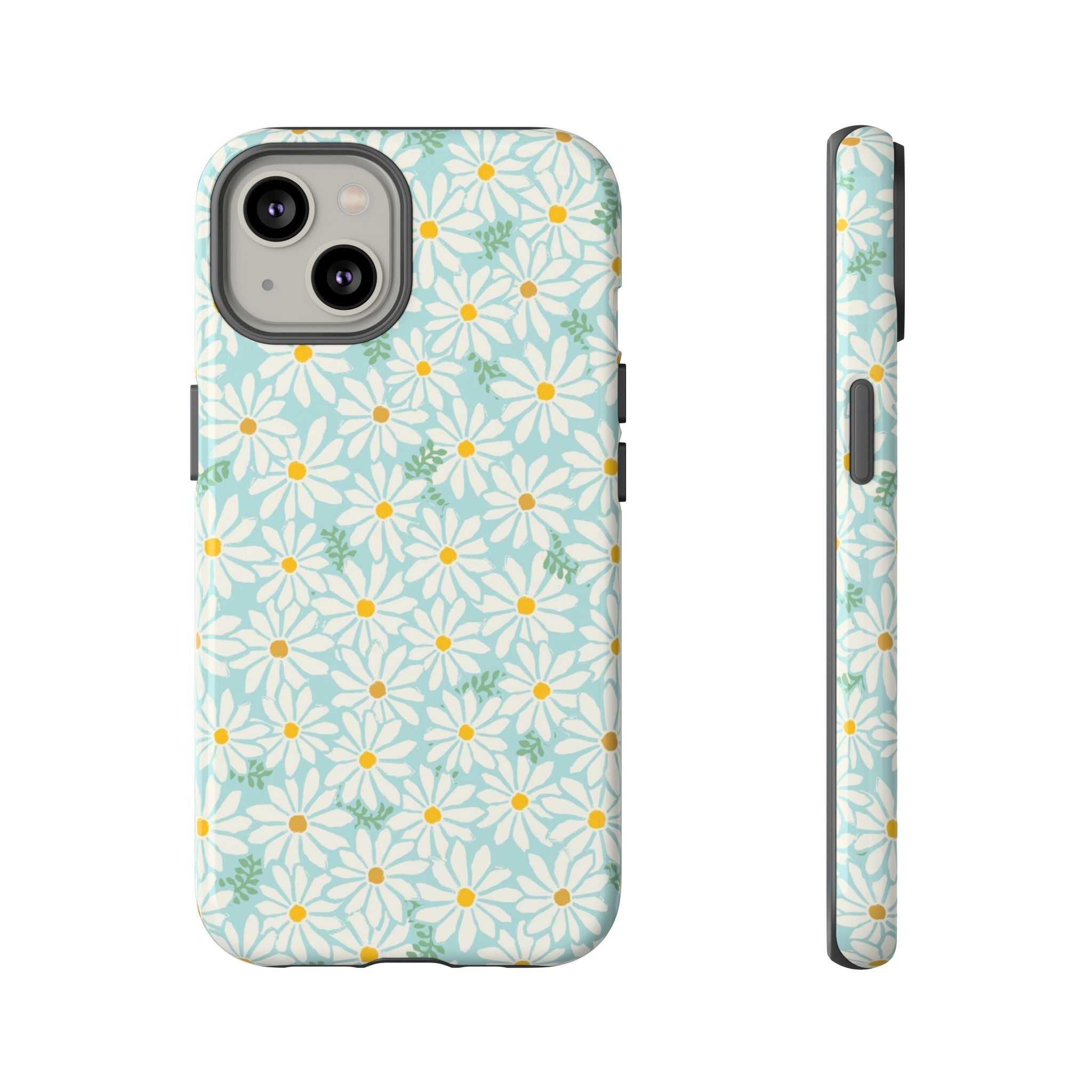 Daisies Tough iPhone 14 Case – Glossy | sky blue, white daisy print, golden yellow centers, mint green leaves dual-layer protection