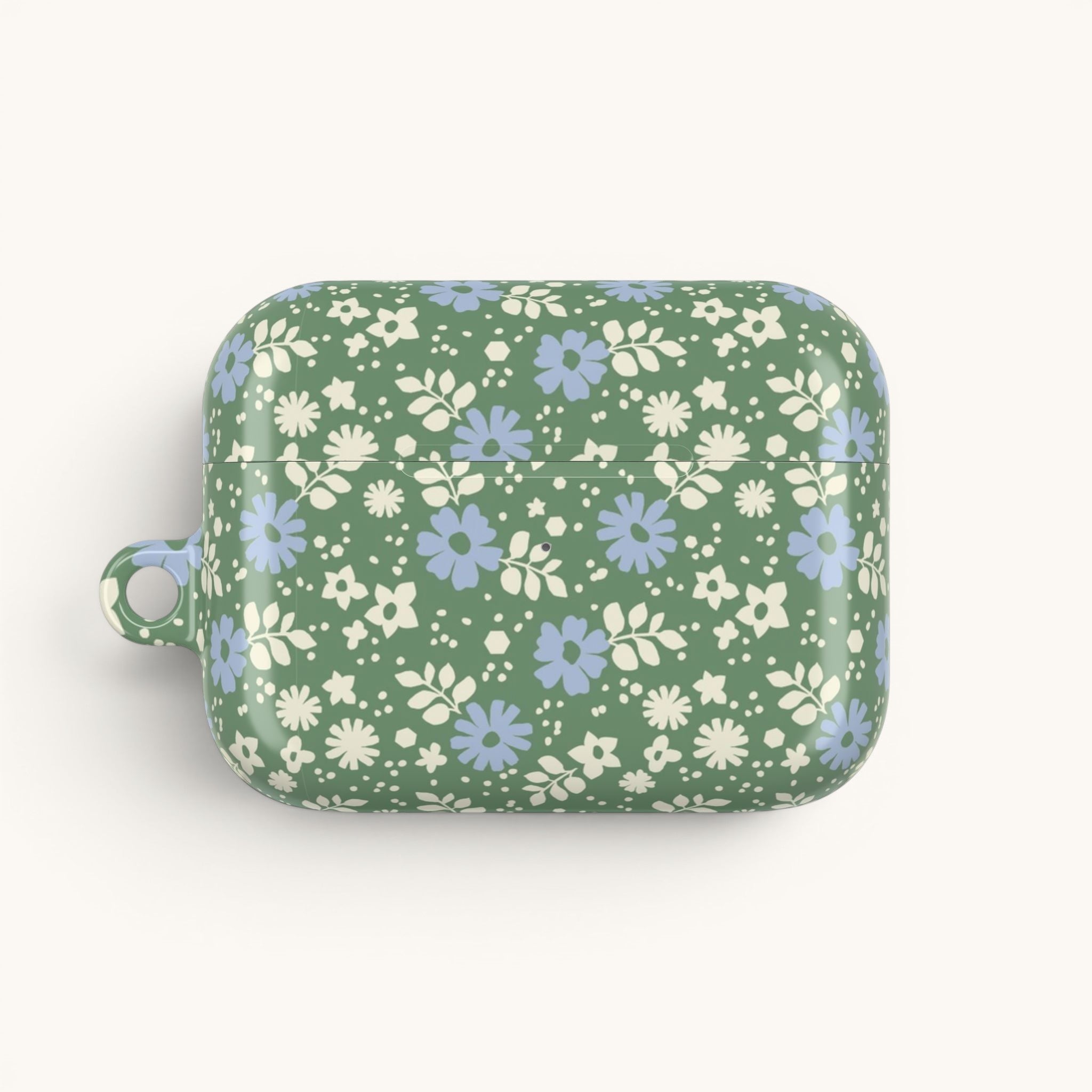 AirPods Gen 1 case – Glossy | periwinkle and cream ditsy flowers on sage green ground