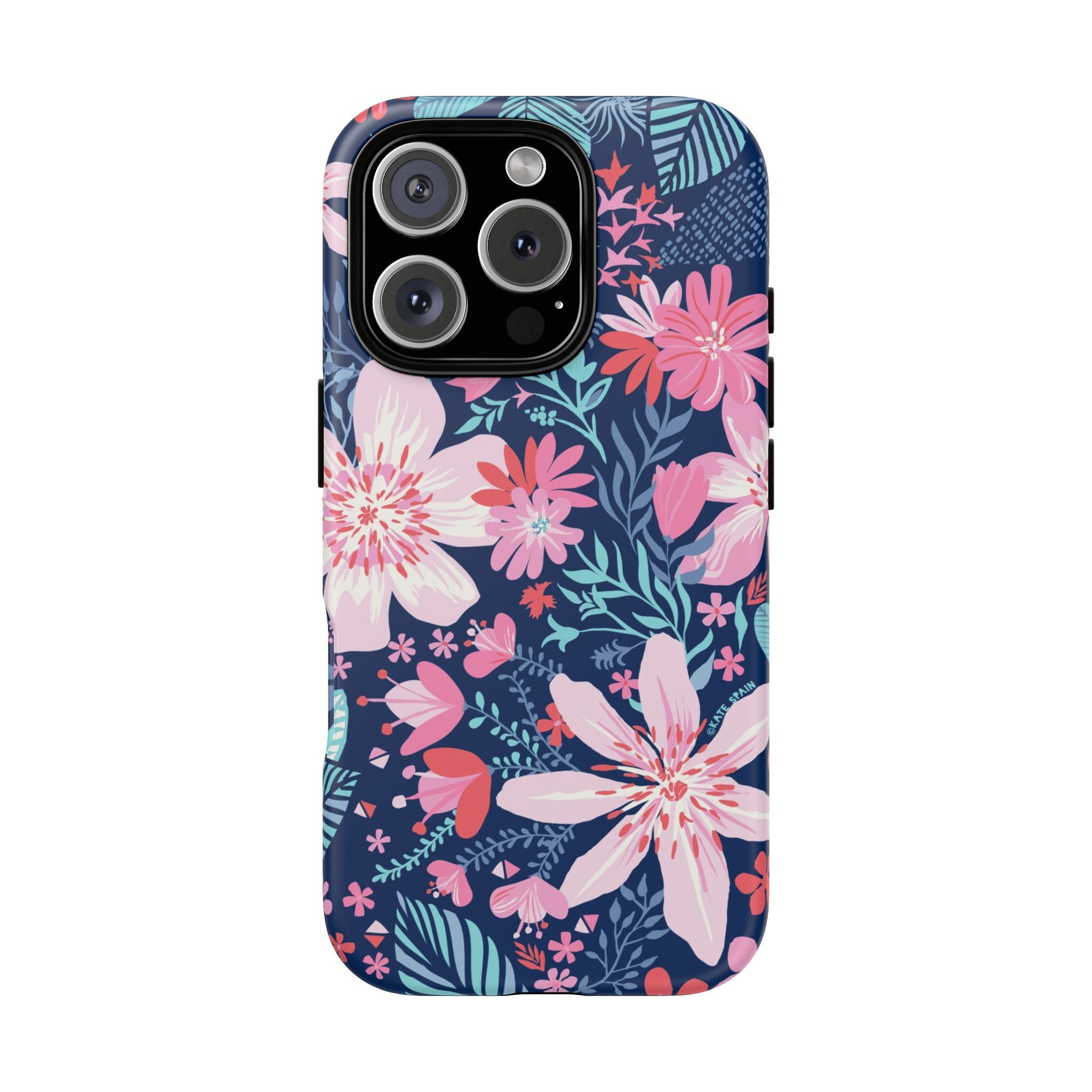 Bonaire Tough iPhone 16 Pro Case – Glossy | navy, pink, white tropical floral botanical print