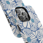 Calendula MagSafe iPhone 16 Pro Max Glossy Case – side profile showing 3-lens camera in slim fit in blue, white, and teal kimono botanical print