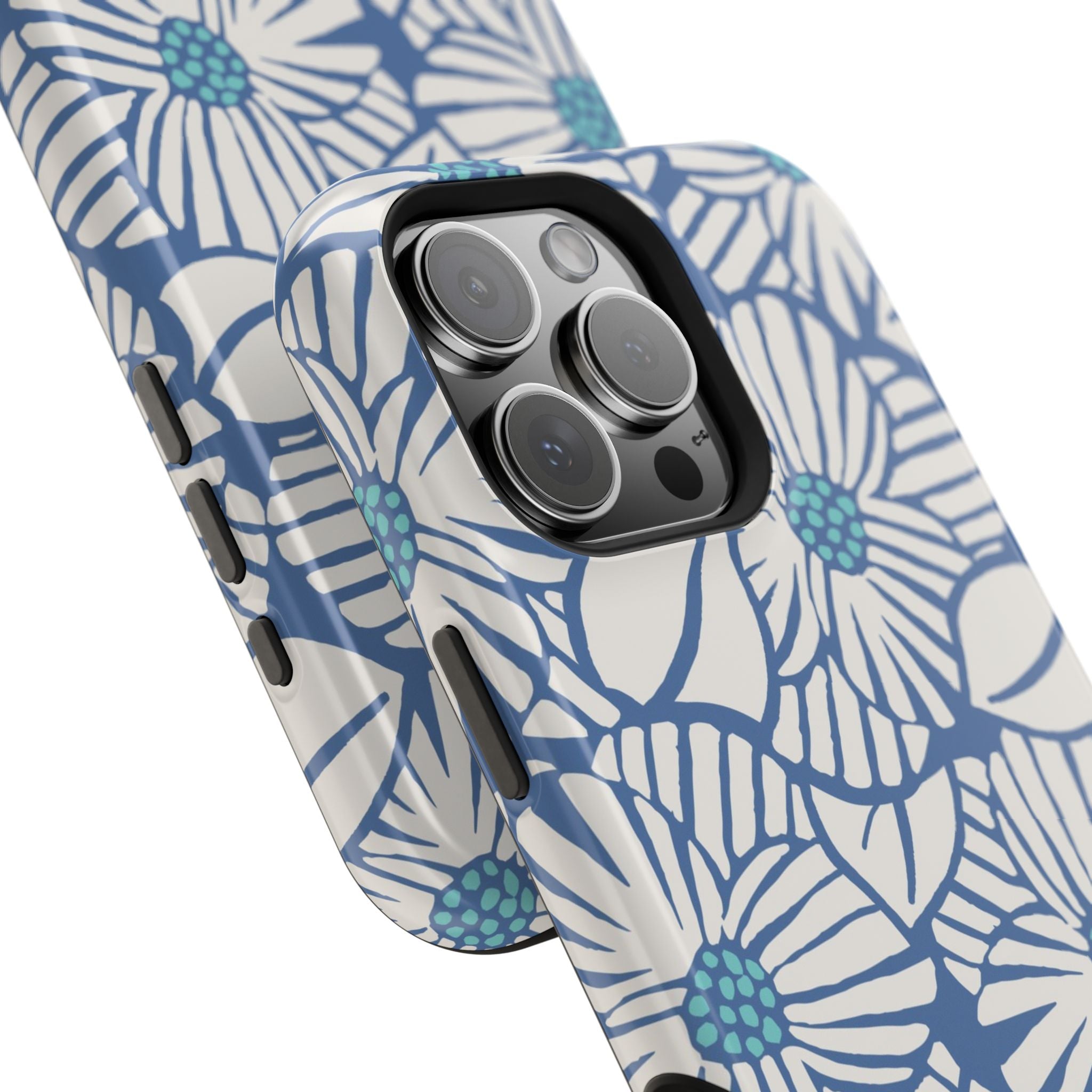 Calendula MagSafe iPhone 16 Pro Max Glossy Case – side profile showing 3-lens camera in slim fit in blue, white, and teal kimono botanical print