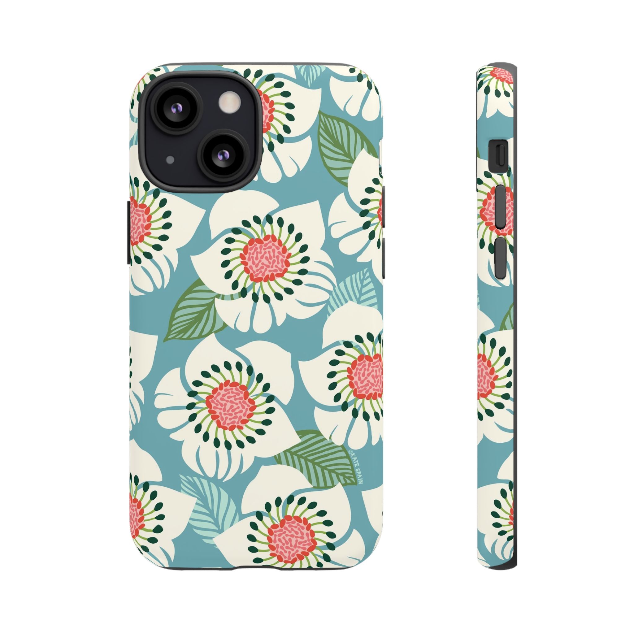 Panache Floral Tough iPhone 13 Mini Case – Matte | sky blue, pale cream, pink anemone floral print