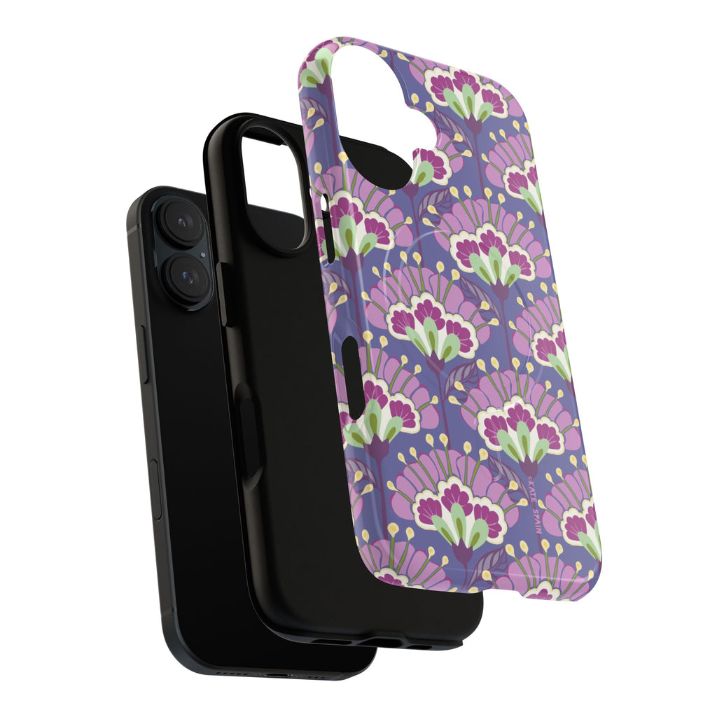Lantern Flower MagSafe iPhone 17 Case – Dual-layered view of case and inner lining in front of phone, with view of camera cutout and buttons | periwinkle, purple, mauve, sage botanical lantern floral print