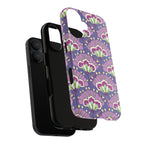 Lantern Flower MagSafe iPhone 17 Case – Dual-layered view of case and inner lining in front of phone, with view of camera cutout and buttons | periwinkle, purple, mauve, sage botanical lantern floral print