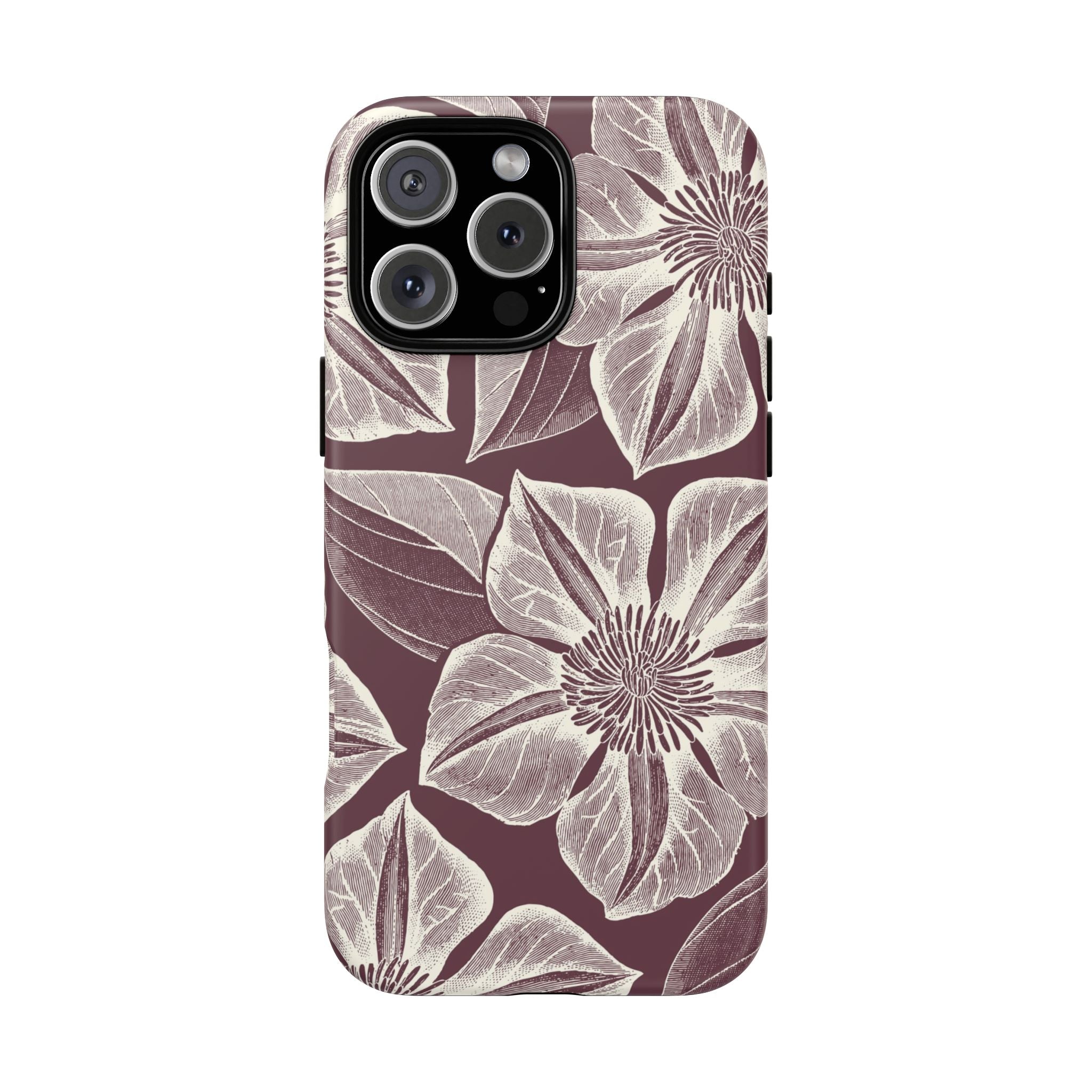 Vintage Bloom Burgundy iPhone 16 Pro Max case – Matte | burgundy ground, large-scale cream clematis print, engraved petal detail, dual-layer protection