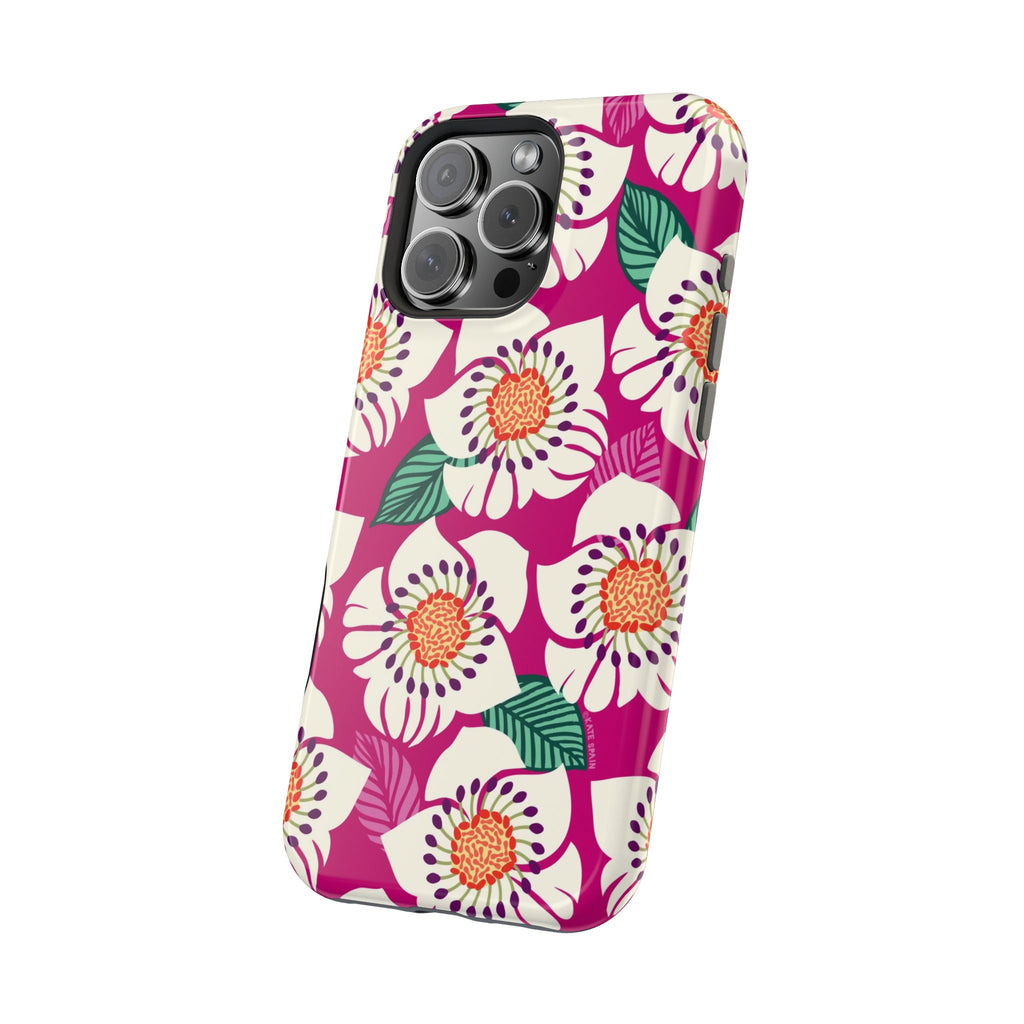 Panache Rose MagSafe iPhone 16 Pro Max Case – Glossy | angled view of case in berry, cream white, peach anemone floral print