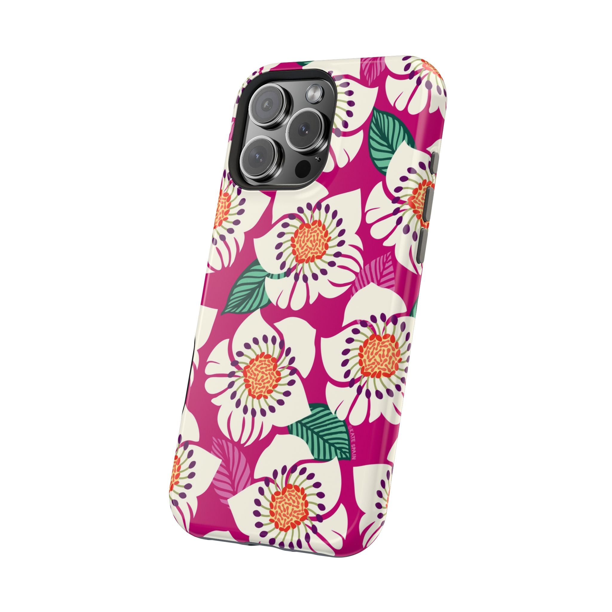 Panache Rose MagSafe iPhone 16 Pro Max Case – Glossy | angled view of case in berry, cream white, peach anemone floral print