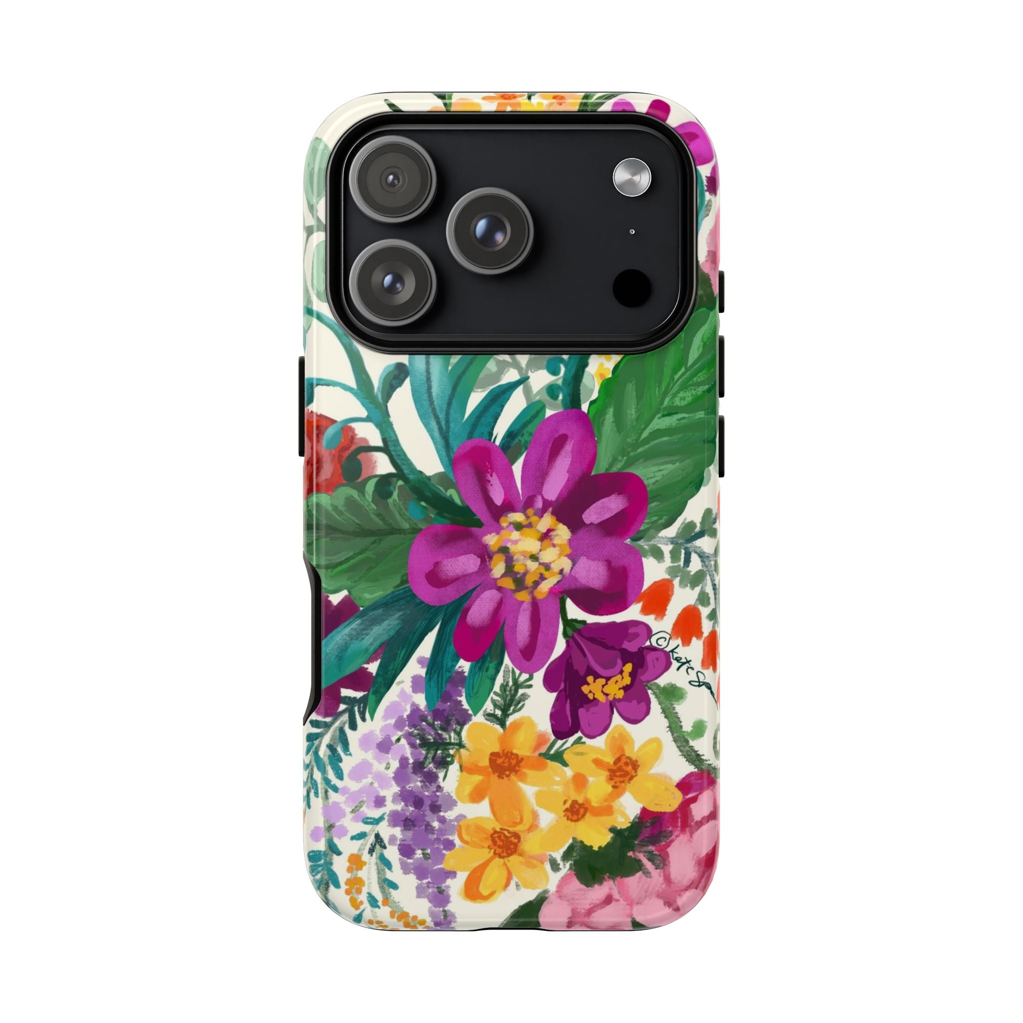 Posy Tough iPhone 17 Pro Case – Glossy | cream, magenta, coral botanical floral print
