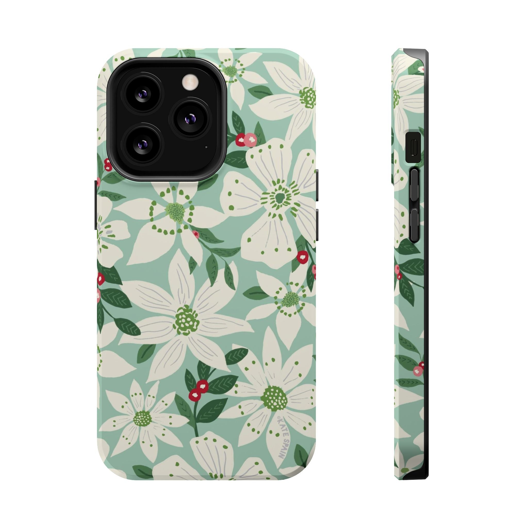 Gardenia MagSafe iPhone 13 Pro Case – Glossy | light blue, white, green, red gardenia botanical print MagSafe compatible, dual-layer protection