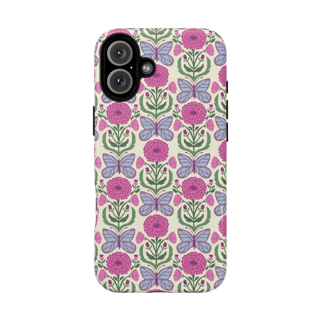 Butterfly MagSafe iPhone 16 Plus Case – Matte | cream, magenta, periwinkle butterfly floral print