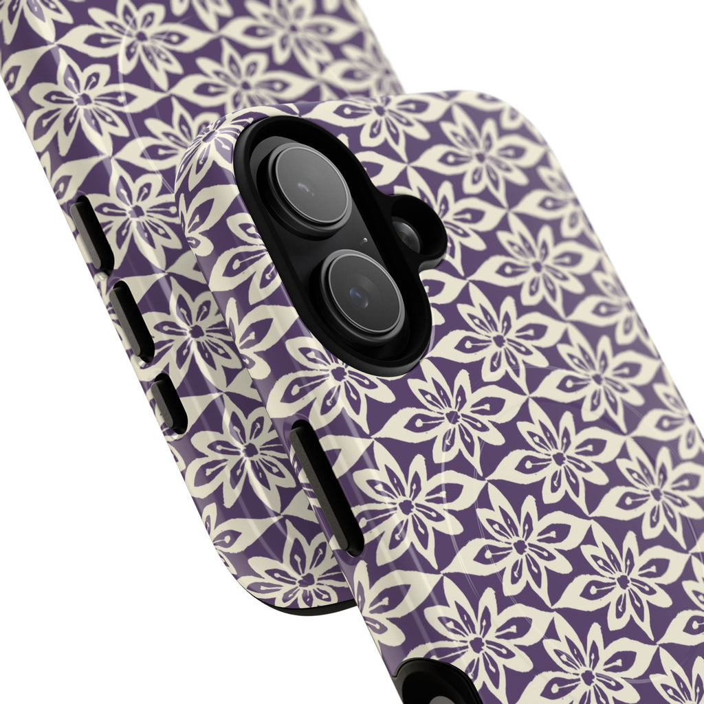 Lily Plum MagSafe iPhone 17 Case – Glossy | angled view showing camera cutout and buttons — botanical MagSafe case by Kate Spain