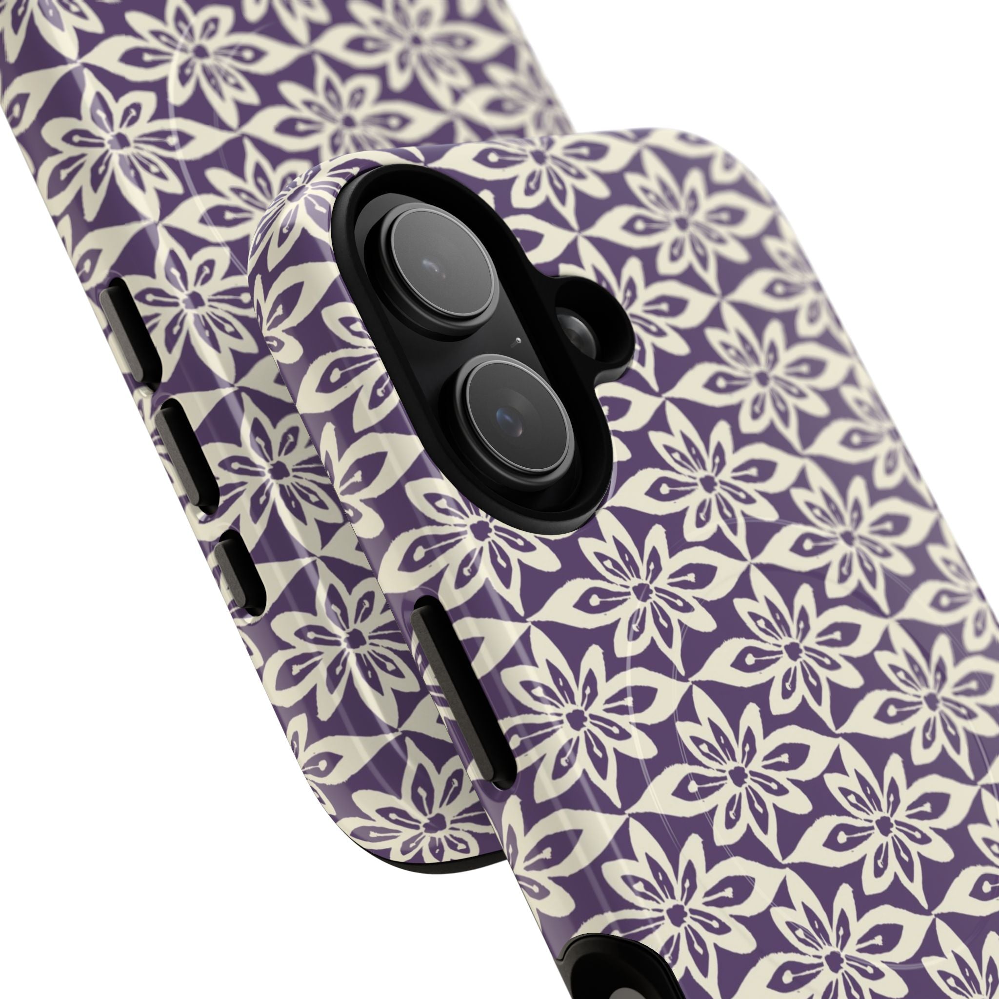 Lily Plum MagSafe iPhone 17 Case – Glossy | angled view showing camera cutout and buttons — botanical MagSafe case by Kate Spain