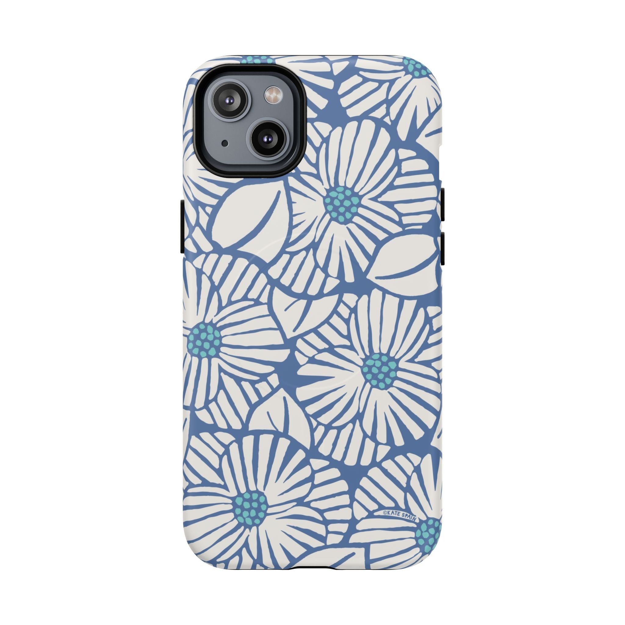 Calendula MagSafe iPhone 14 Plus Case – Matte | periwinkle, cream, teal graphic daisy floral print
