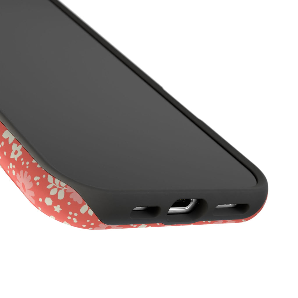 Petaline MagSafe iPhone 16 Pro Max Case – Glossy | close up of bottom with view of sturdy openings or ports for plugs into the case in coral, cream, blush dainty ditsy daisy floral print