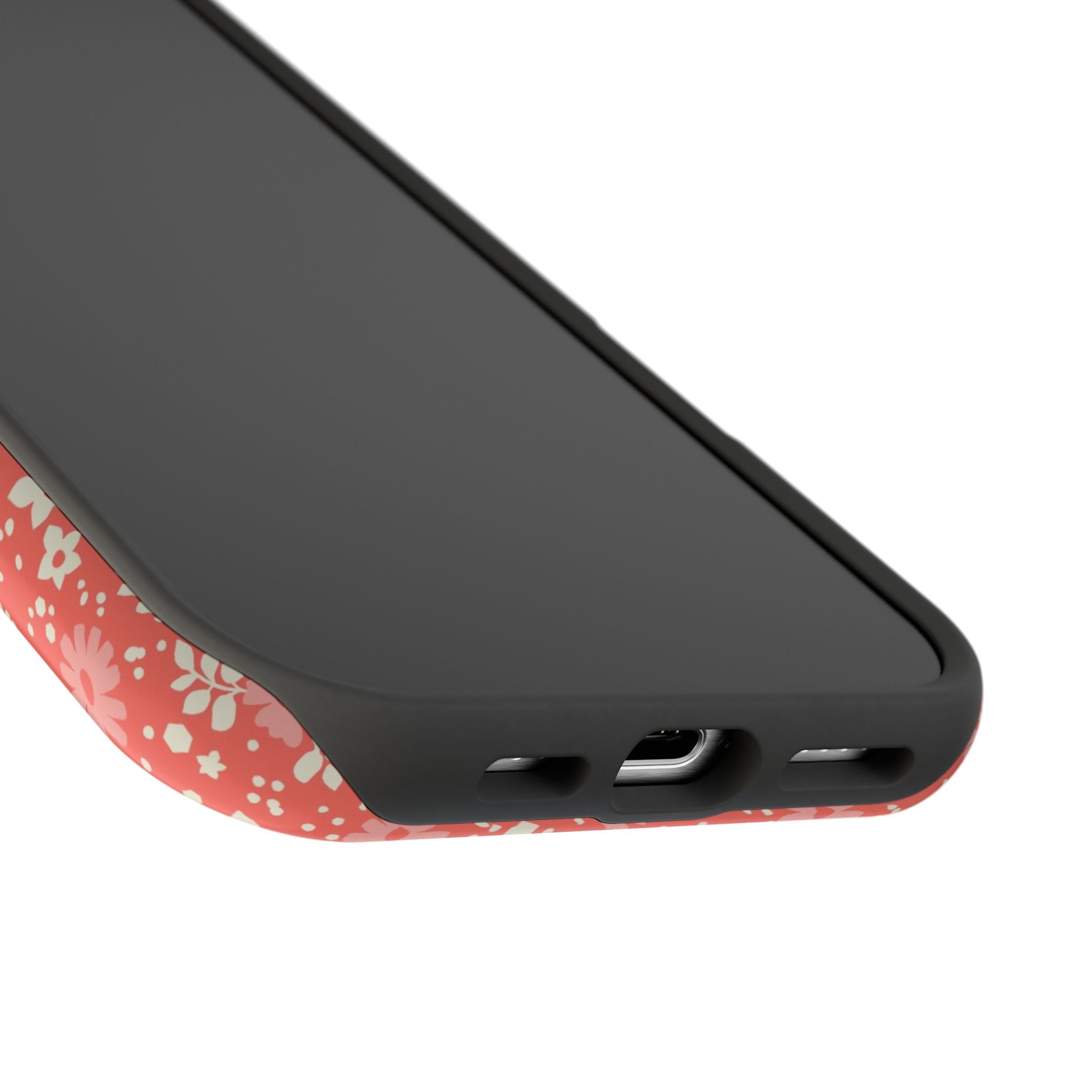 Petaline MagSafe iPhone 16 Pro Max Case – Glossy | close up of bottom with view of sturdy openings or ports for plugs into the case in coral, cream, blush dainty ditsy daisy floral print