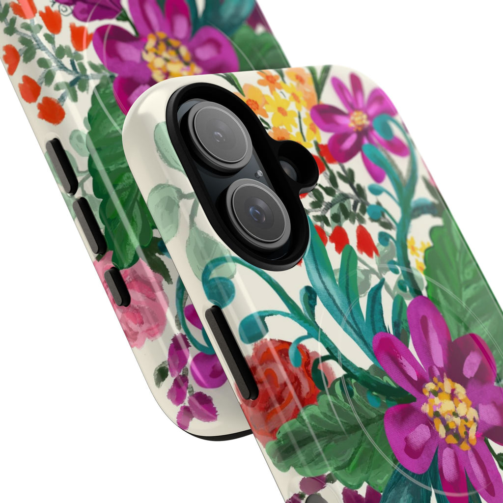 Posy MagSafe iPhone 17 Case – Dual-layered view of case and inner lining in front of phone, with view of camera cutout and buttons | cream, magenta, coral botanical floral print