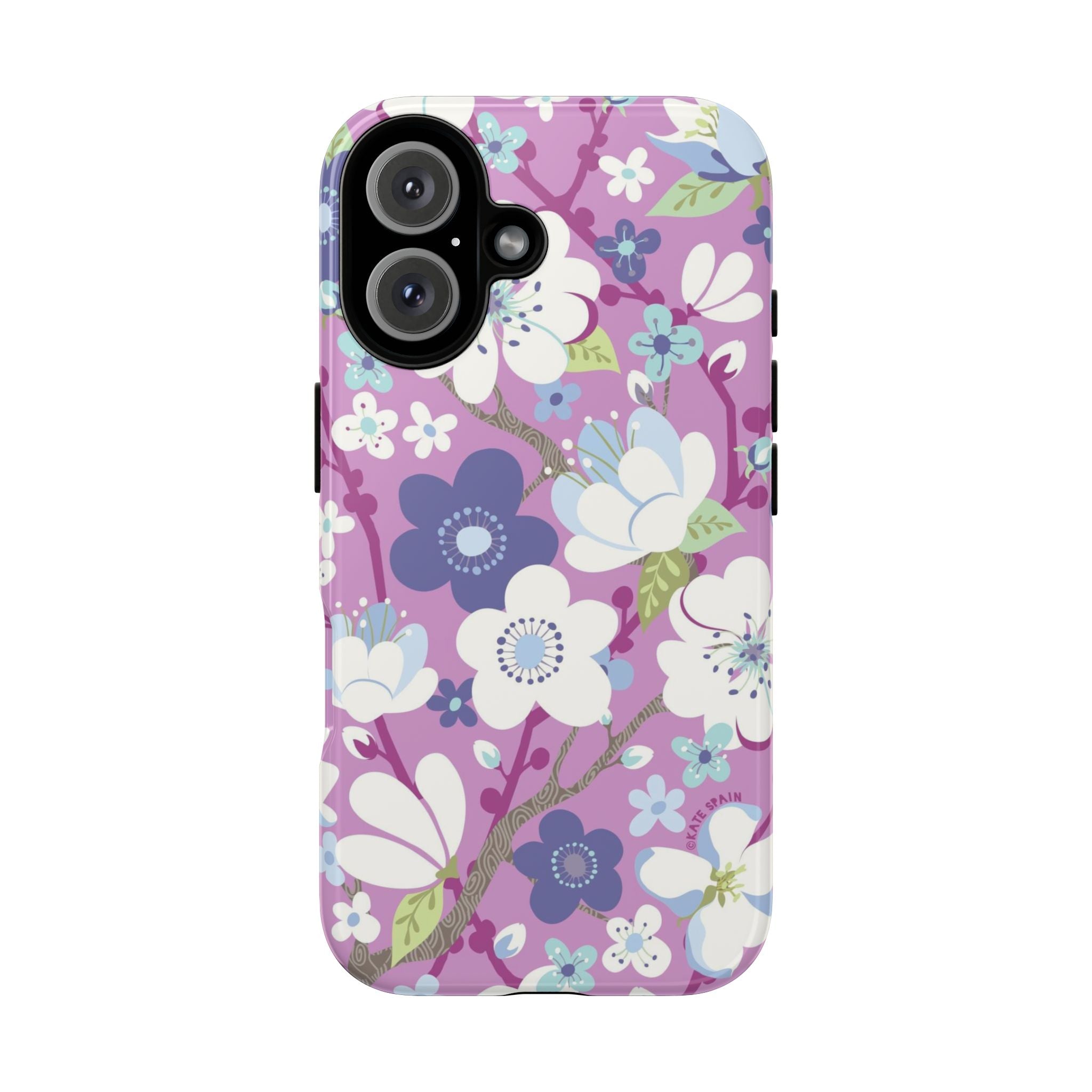 Luxury Cherry Blossom Tough iPhone 16 Case – Matte | mauve, purple, blue, white cherry blossom print