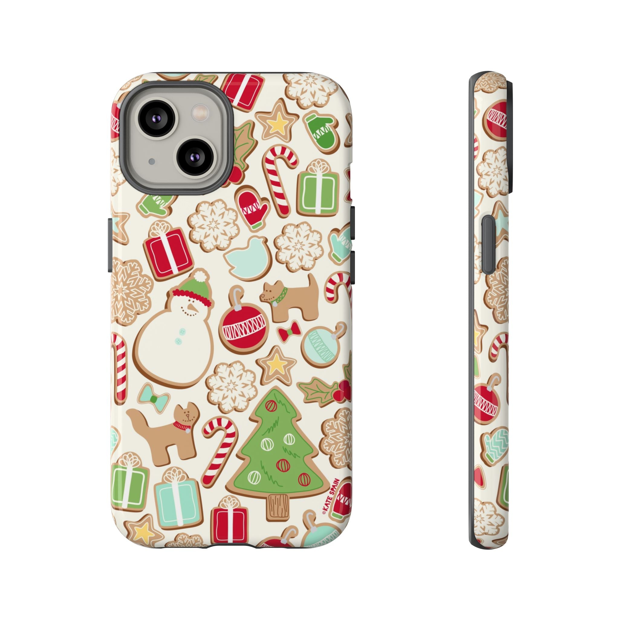 Gingerbread Cookies Tough iPhone 14 Case – Glossy | cream, red, green gingerbread holiday cookie print
