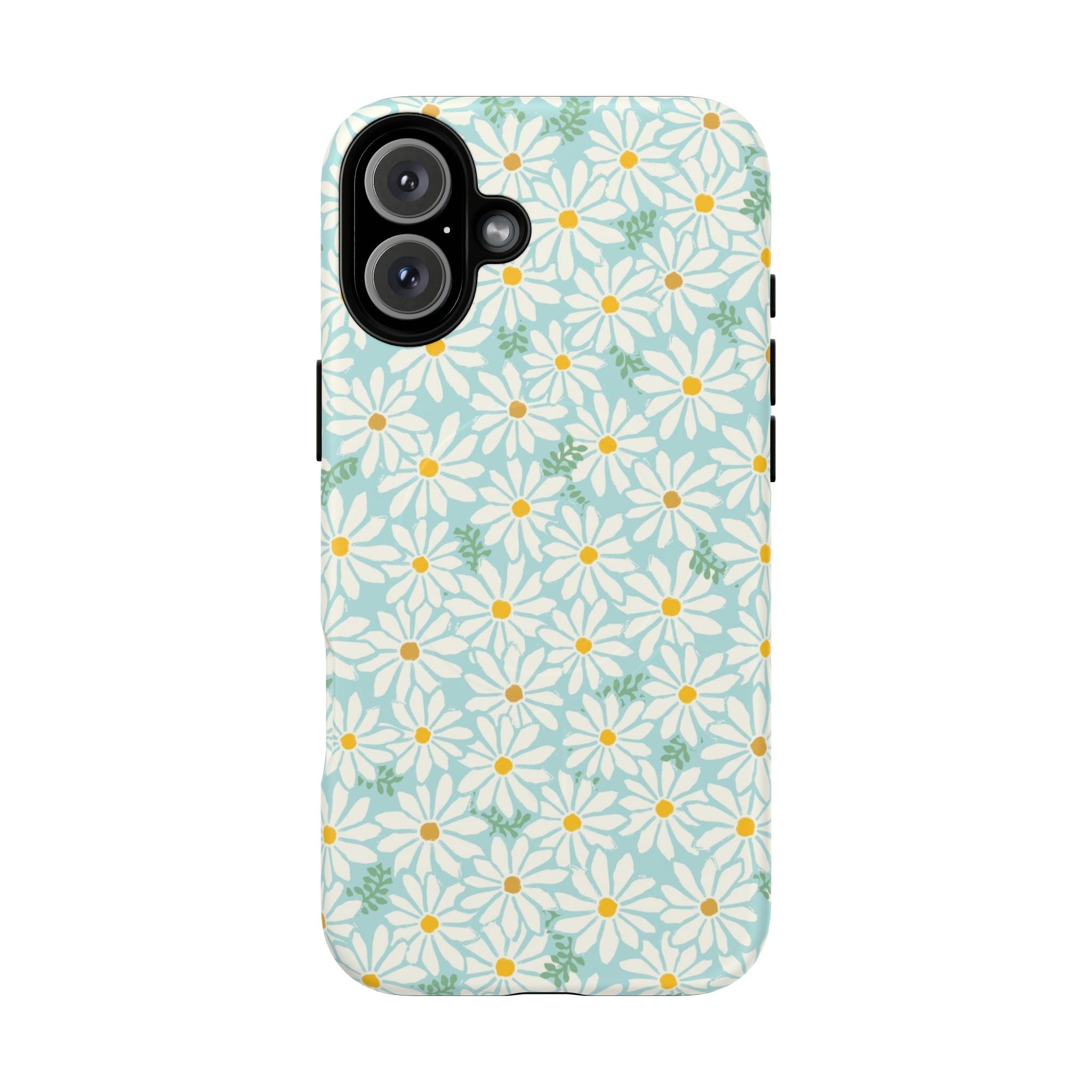 Daisies MagSafe iPhone 16 Plus Case – Glossy | sky blue, white daisy print, golden yellow centers, mint green leaves MagSafe compatible, dual-layer protection
