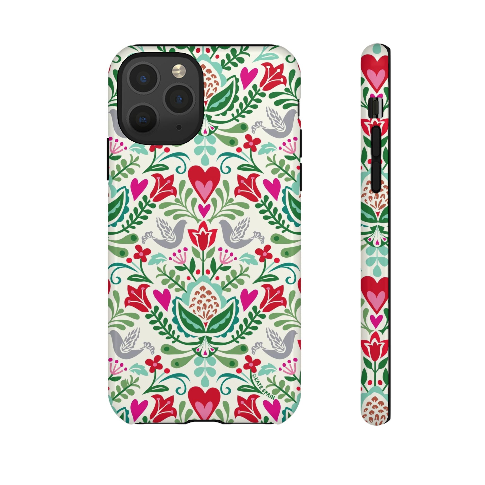 Rosemaling Tough iPhone 11 Pro Case – Glossy | cream, red, pink, green, gray folk art floral bird print