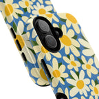 Shasta Daisy MagSafe iPhone 17 Case – Glossy | blue, cream, yellow daisy floral print | angled view closeup of camera cutout and buttons